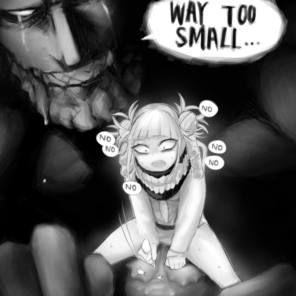 attempted sex, boku no hero academia, bottomless, crying, extreme size difference, female, gigantic penis, gigantomachia, grabbing legs, himiko toga, holding legs, it'll never fit, my hero academia, punching penis, sad, shpo, speech bubble, sweat, text, text bubble, toga himiko