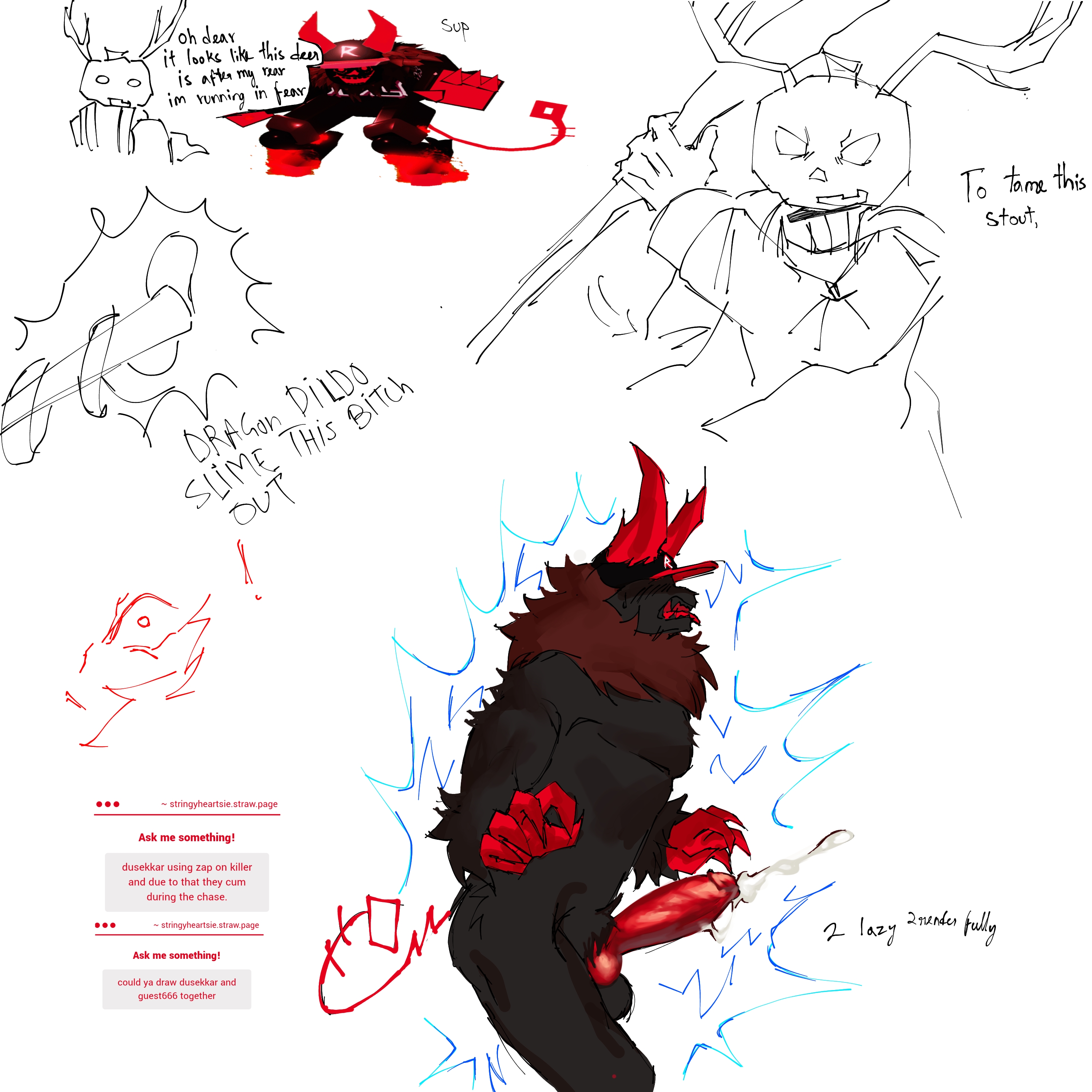 2boys, cum, dialogue, dusekkar (forsaken), ejaculating cum, ejaculation, english text, forsaken (roblox), guest 666 (forsaken), knot, knotted humanoid penis, knotted penis, lornan1hater, male, male only, male/male, orgasm, red penis, request, roblox, roblox game, robloxian, self upload, strawpage request, white background