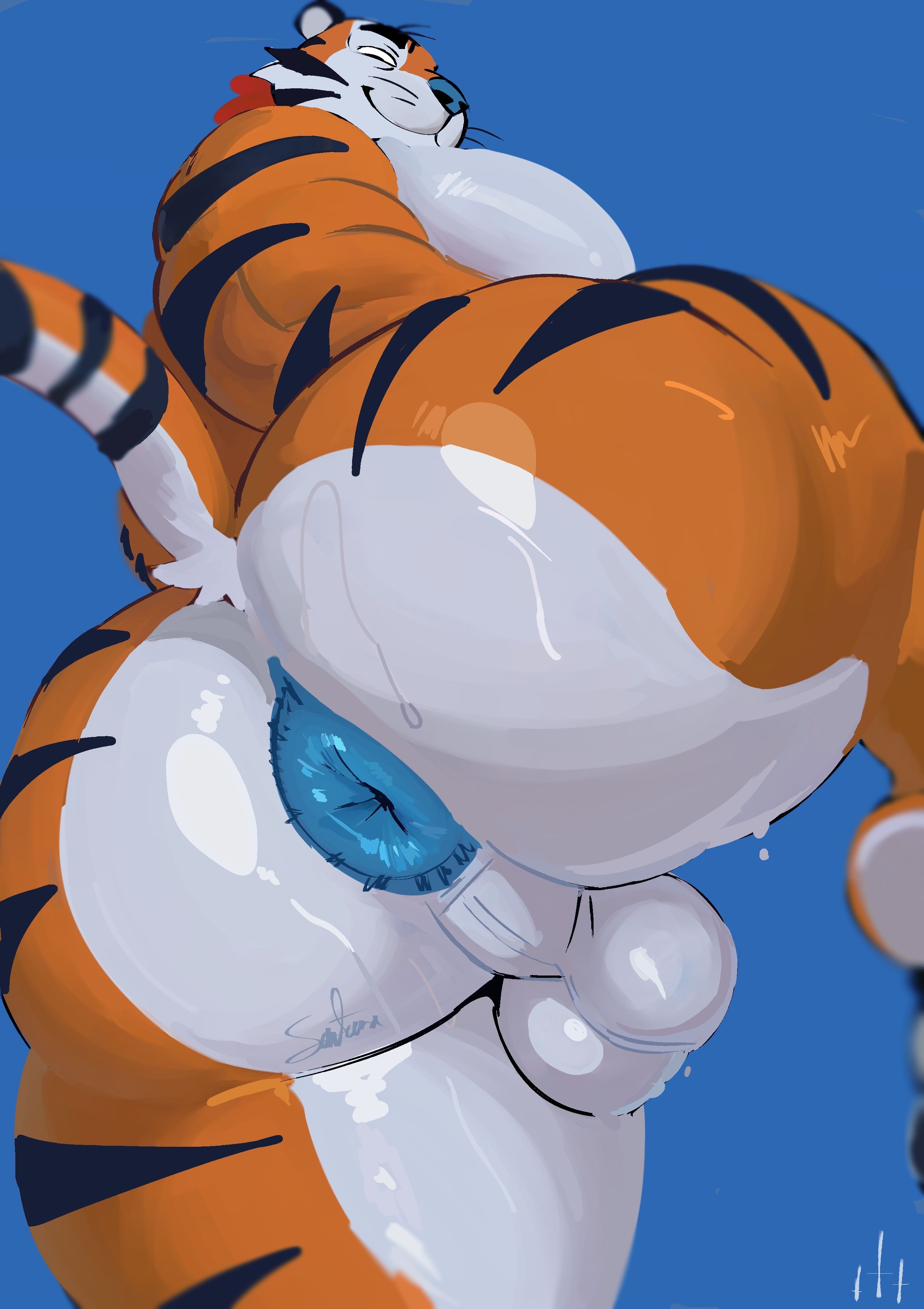 anus, ass, balls, bara, big ass, feline, freeposers, looking at viewer, male only, muscular, muscular male, presenting, presenting anus, presenting hindquarters, spread legs, stripes, sweat, tail, tony the tiger