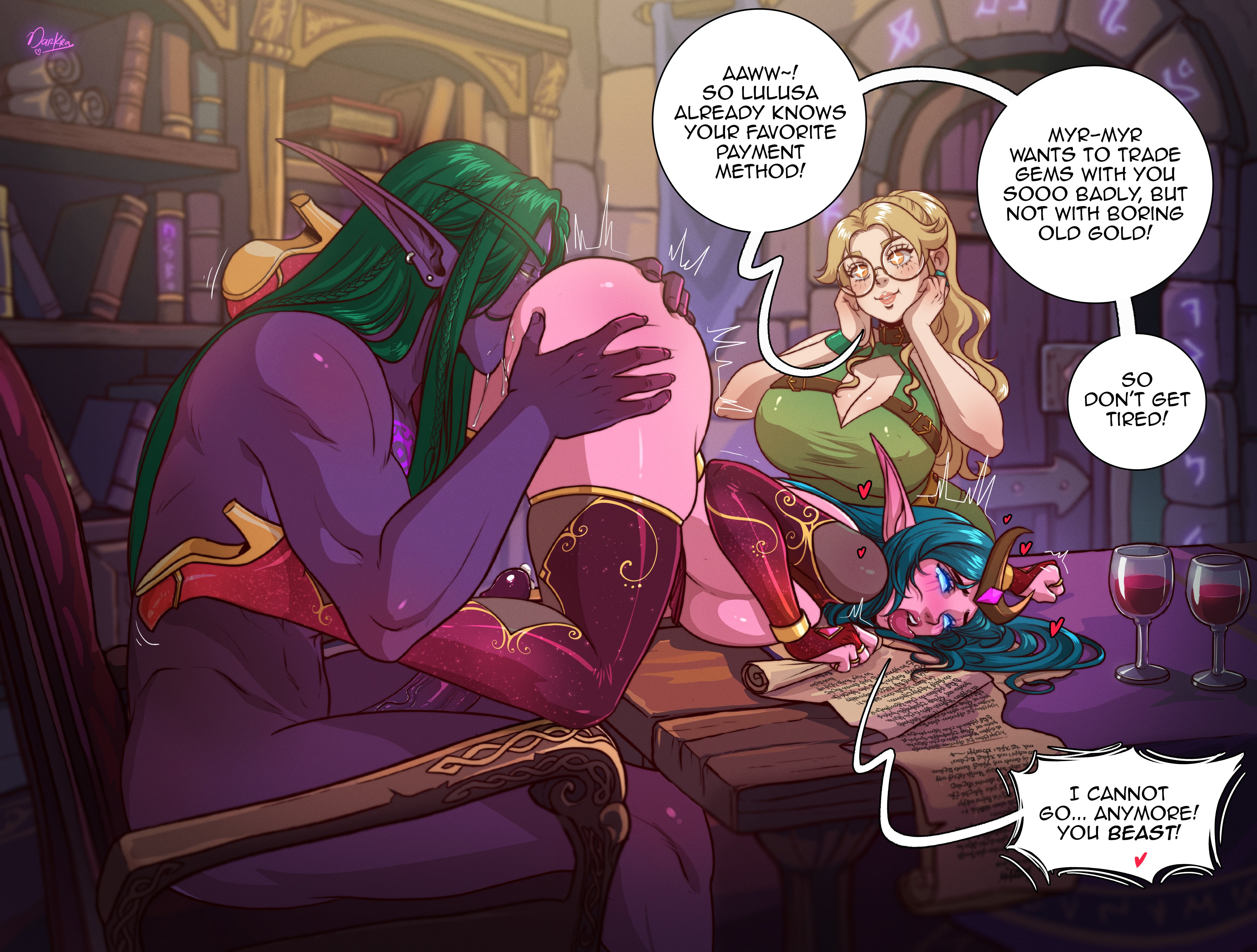 <3, 1boy, 2026, 2d, 2girls, ahe gao, ass, ass grab, big breasts, blizzard entertainment, blonde hair, blue eyes, blue hair, blush, braided hair, cunnilingus, darkra, detailed background, dialogue, english text, erect penis, eyes rolling back, female, glasses, green hair, head down ass up, hi res, high heel boots, human, human (world of warcraft), light blue hair, light skin, light-skinned female, long eyebrows, long hair, lulusa wildmist, male, myr kirby, night elf, night elf male, nude, nude male, on table, open mouth, penis, pink skin, purple skin, round glasses, sitting, sparkling eyes, speech bubble, thick ass, thick thighs, thigh boots, tongue out, top-down bottom-up, varenthis, warcraft, world of warcraft, yellow eyes