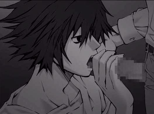 2boys censored death_note fellatio l_lawliet light_yagami monochrome multiple_boys oral penis suck yaoi