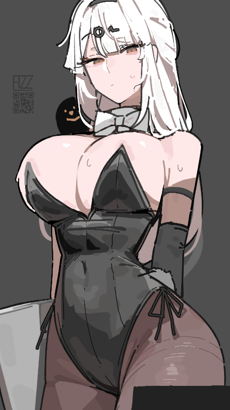 1girls, 2026, 2d, 2d (artwork), artist name, azz0422, big breasts, breasts, bunnysuit, color, colored, curvy, curvy female, curvy figure, digital media (artwork), female, female only, grey background, hair, hi res, hoyoverse, huge breasts, large breasts, legwear, light skin, light-skinned female, long hair, looking at viewer, mihoyo, qr code, simple background, solo, sweat, sweatdrop, white hair, yixuan (zenless zone zero), zenless zone zero