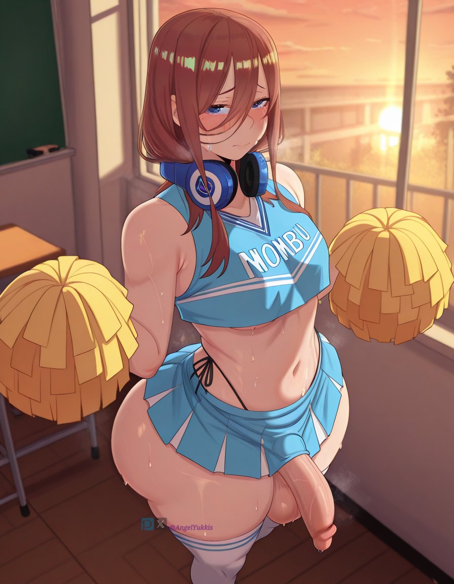 1femboy, 1futa, ai generated, angel yukkis, ass, big ass, big dick, big penis, blue thong, breasts, cheerleader, curvy, curvy female, curvy femboy, curvy figure, day, dick, fat ass, femboy, futa only, futanari, go-toubun no hanayome, high school, high school student, light-skinned futa, little breasts, little tits, nakano miku, nipples, oppai, penis, precum, room, sexy female, sexy pose, skirt, sleeveless shirt, solo, sweat, thong, tits, voluptuous female, voluptuous futanari