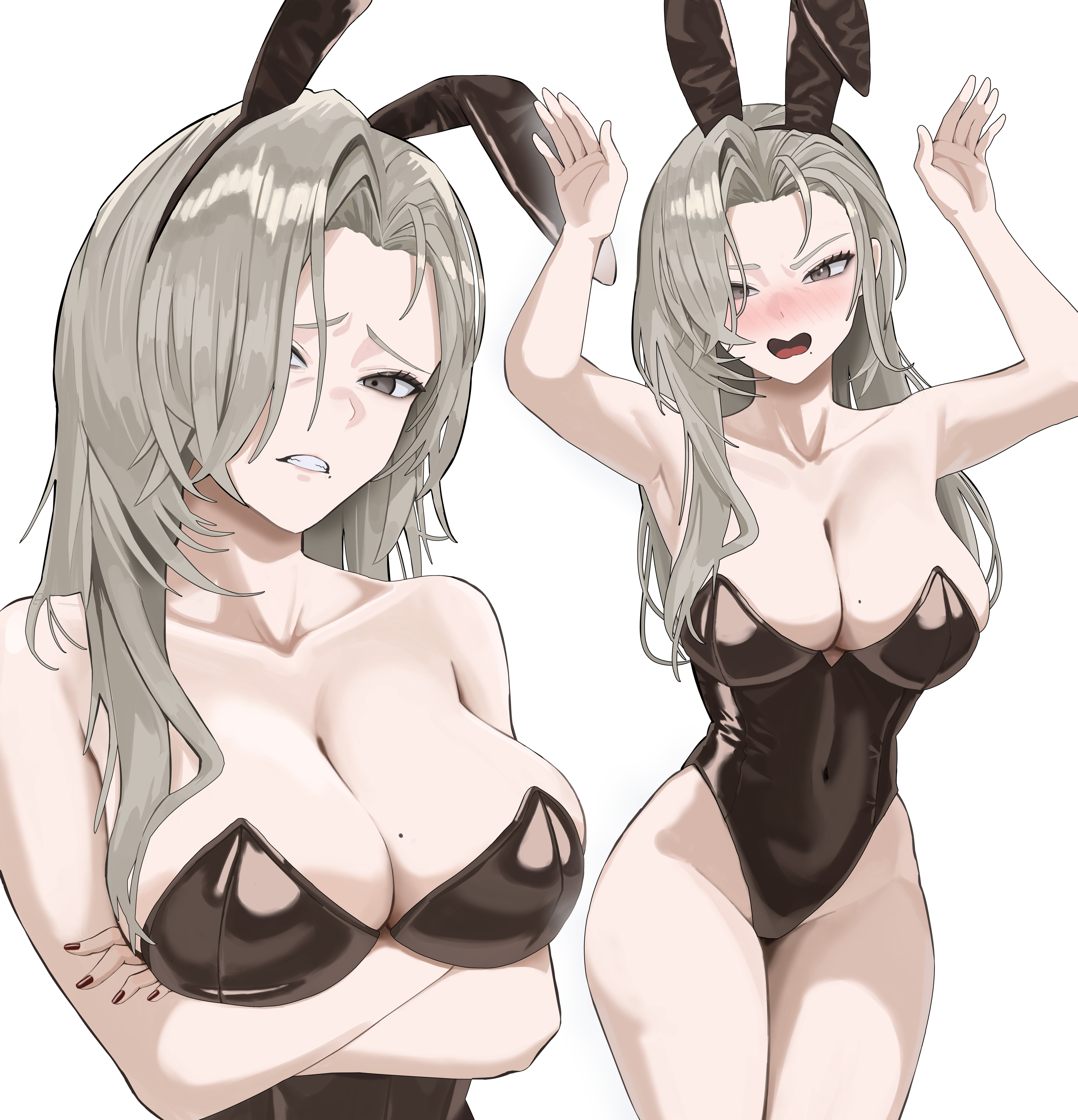 1girls, animal ear hairband, animal ears, armpits, arms under breasts, arms up, bare shoulders, black leotard, blonde hair, blush, breasts, cleavage, clenched teeth, collarbone, covered navel, crossed arms, embarrassed, fake animal ears, fold (artist), goddess of victory: nikke, gold nails, grey eyes, grimace, highleg leotard, large breasts, leotard, long hair, looking at viewer, mole, mole on breast, mole under mouth, mrs. miss (nikke), nail polish, navel, open mouth, playboy bunny, rabbit ears, rabbit pose, simple background, solo, standing, strapless, strapless leotard, thighs, white background