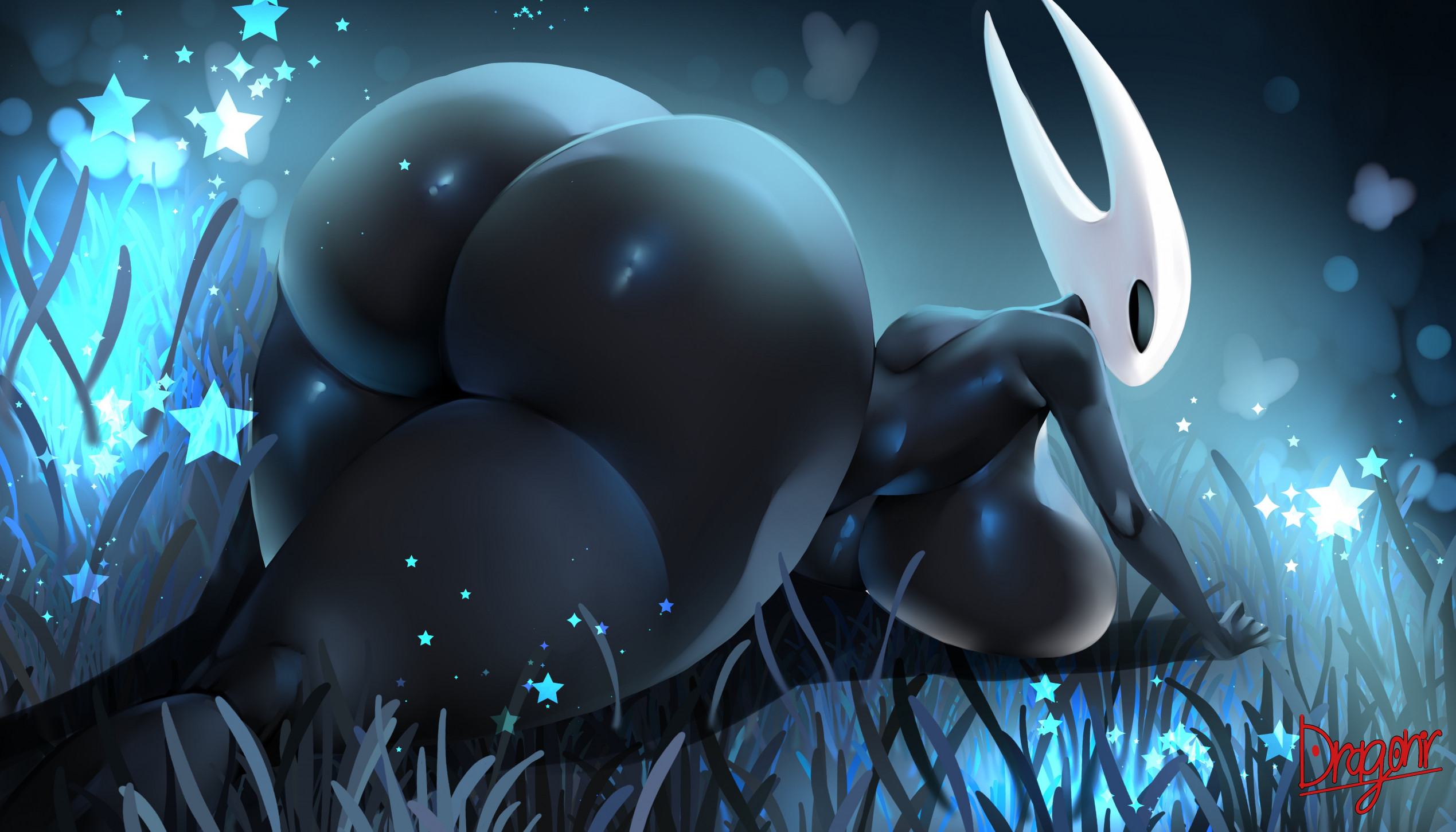 1girls, ass, ass focus, big ass, big breasts, breasts, completely nude, completely nude female, dragoniar, female, female only, grass, hollow knight, hollow knight (franchise), hollow knight: silksong, hornet (hollow knight), huge ass, looking back, naked, naked female, nude, nude female, outside, shiny, solo, solo female, star, thick thighs