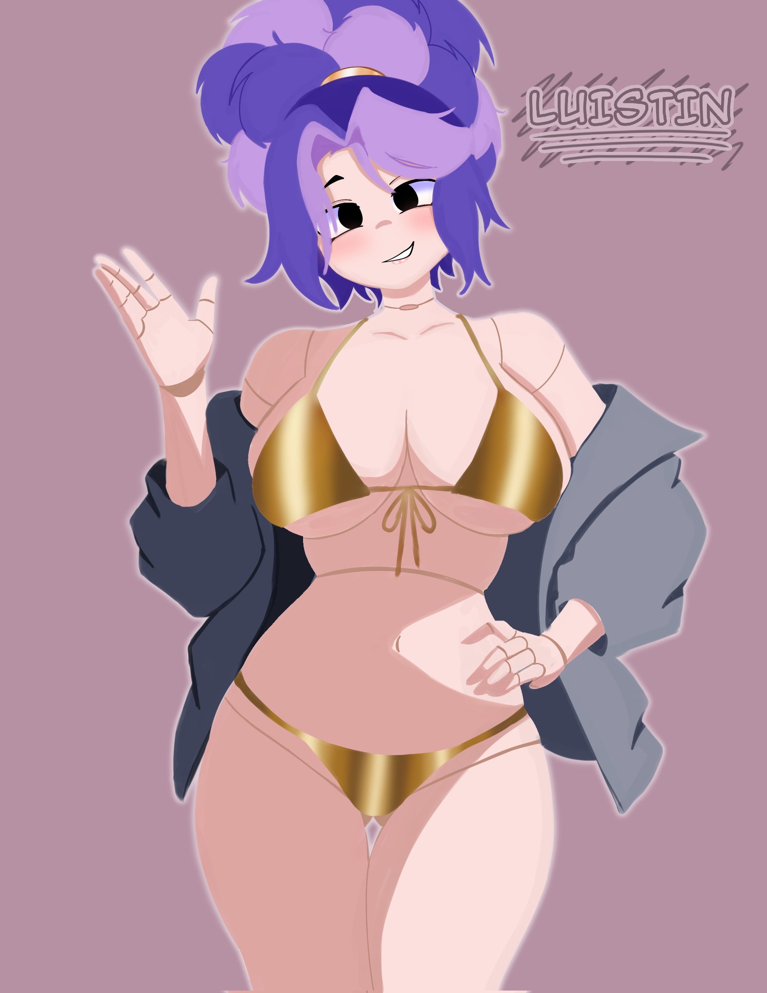 1girl, 1girls, 2026, alternate ass size, alternate body type, alternate breast size, alternate costume, alternate skin color, asymmetrical bangs, beach, big ass, big breasts, big butt, bikini, bikini bottom, bikini only, bikini top, black eyes, blue sky, braided hair, braided ponytail, breasts, bun, bun hair, cowboy shot, doll, doll girl, doll joints, female, female only, front-tie bikini, front-tie bikini top, front-tie top, full body, gold bikini, golden bikini, golden week, hair bun, hairbun, hand on hip, hoodie, hourglass figure, hourglass figured female, large ass, large breasts, large butt, lily lovebraids, lily lovebraids (poppy playtime), living doll, long hair, looking at viewer, luisto58, messy hair, mob entertainment, mob games, multicolored hair, pale, pale skin, pale skinned female, pale-skin, pale-skinned female, ponytail, ponytail (hair), ponytail female, poppy playtime, poppy playtime (chapter 5), purple hair, shoulders, simple background, slim waist, solo, standing, streaked hair, swimsuit, swimwear, thick ass, thick butt, thick hips, thick legs, thick thighs, thighs, very long hair, waving, waving at viewer, waving hand, whitewashed, wide hips