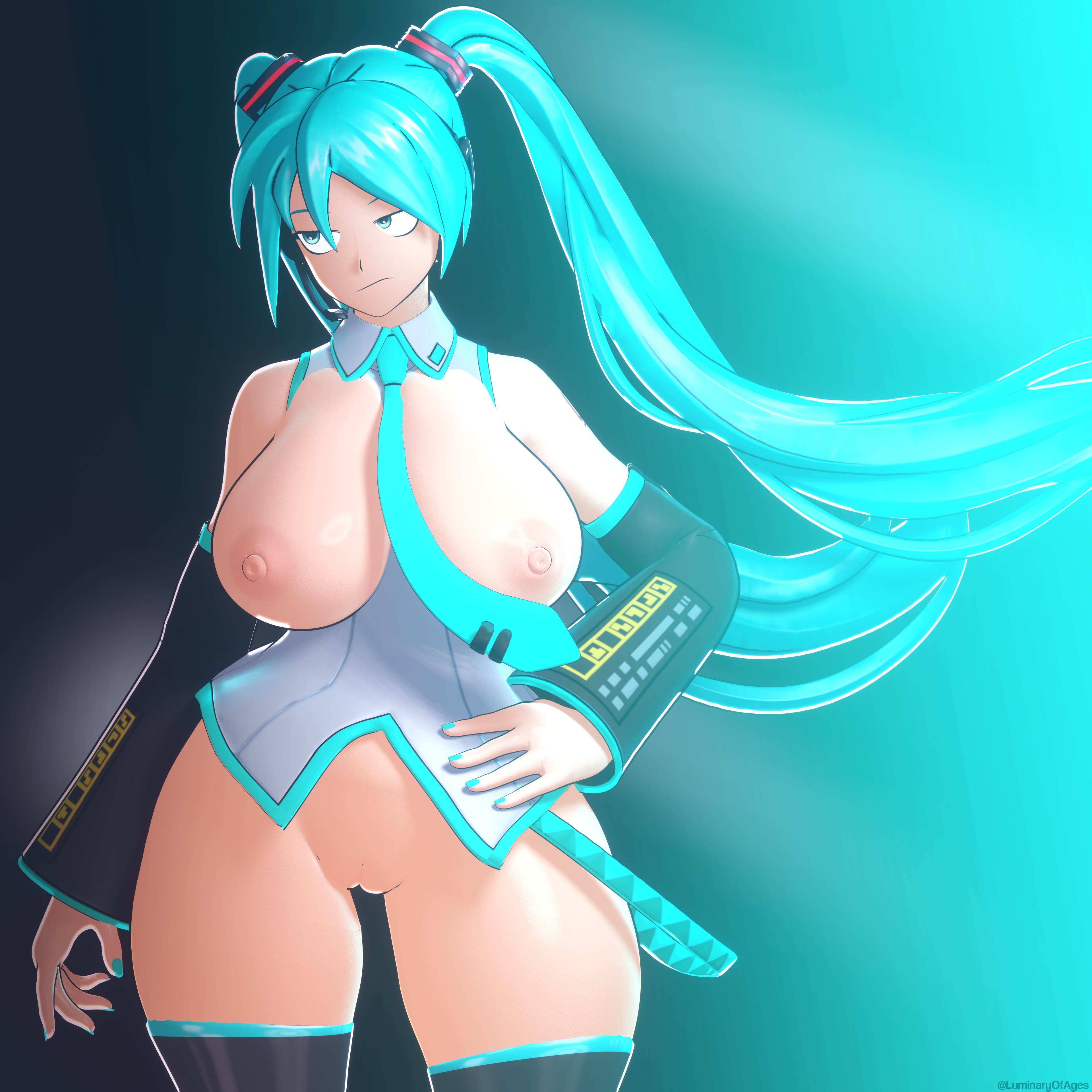 1girls, 3d, 3d (artwork), breasts, female, hatsune miku, idol, light skin, light-skinned female, luminaryofages, nipples, sega, vocaloid