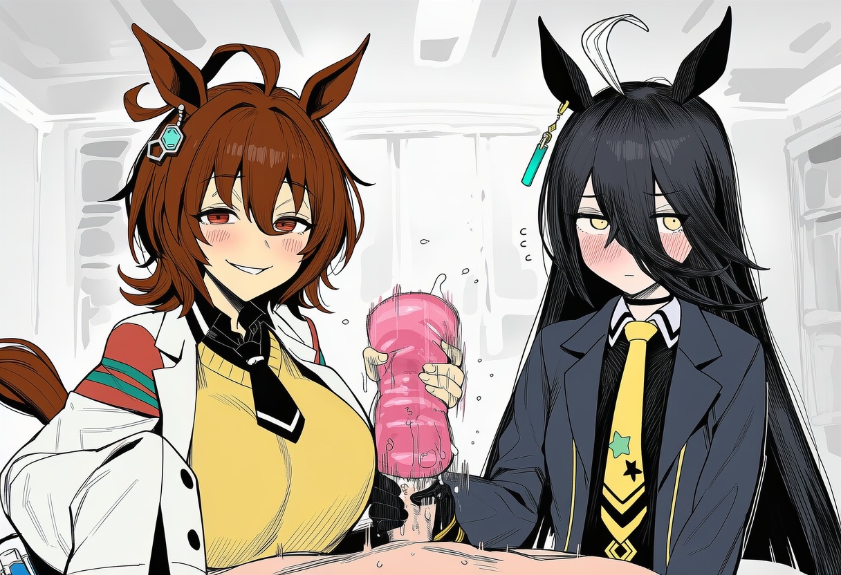 agnes tachyon (umamusume), ai generated, collaborative handjob, handjob, handjob w/sex toy, hazelfsanat, manhattan cafe (umamusume), pov, threesome, umamusume