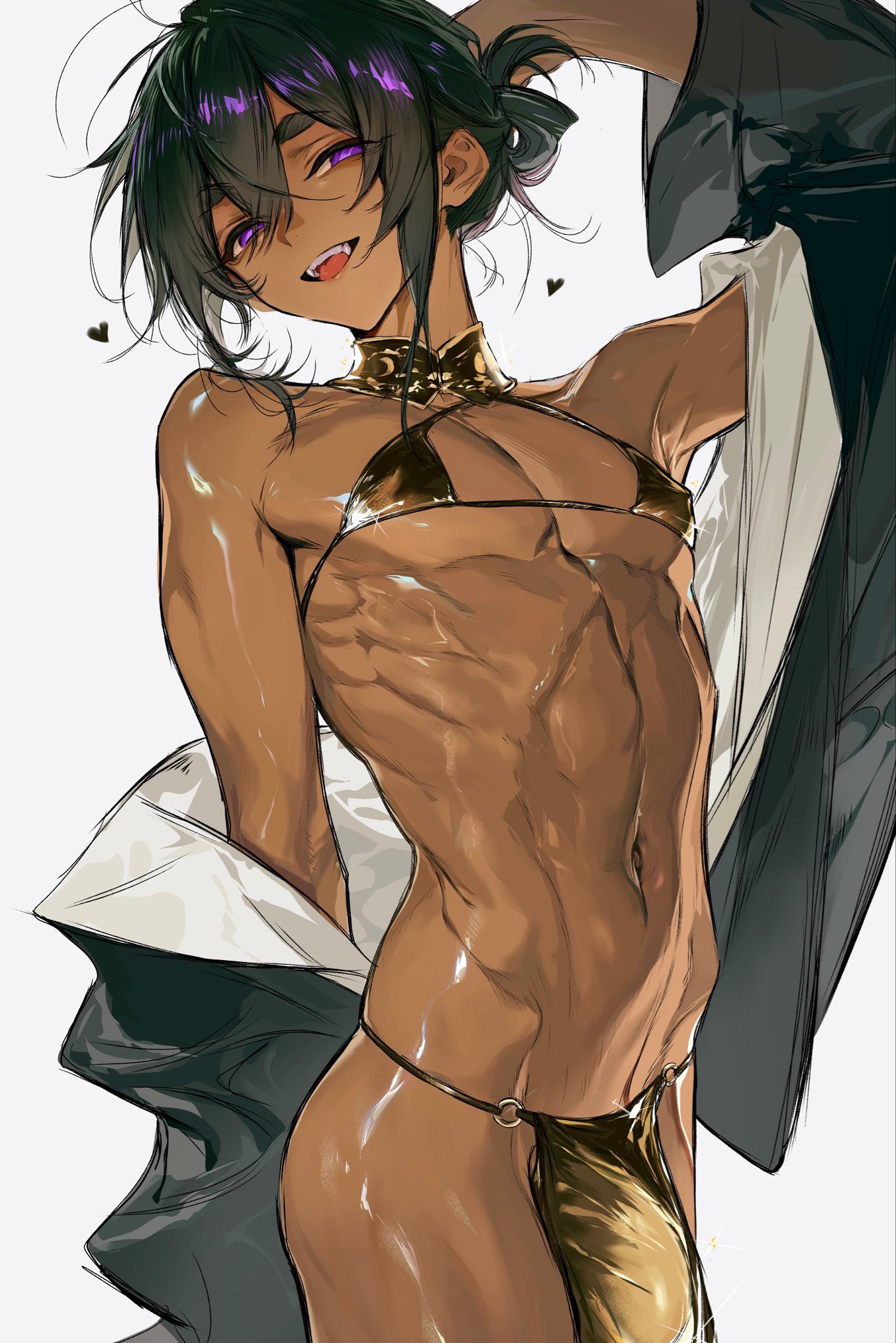 1boy, bikini, bikini top, black hair, bulge, dark skin, dark-skinned femboy, dark-skinned male, dark-skinned sissy, dark-skinned twink, femboy, lean body, lihayato, magami roushi (lihayato), oc, purple eyes, shiny skin, short hair, skinny, skinny male, slender, slender body, slender build, smirk, solo, tan body, tan skin, twink, two-tone hair