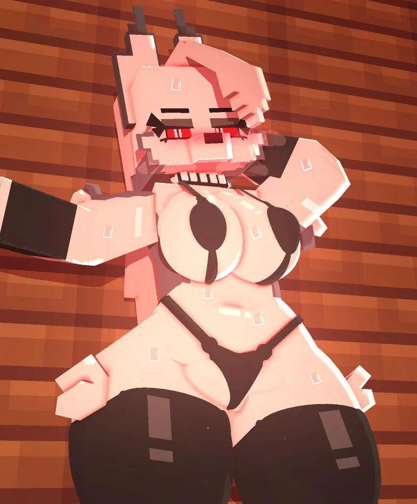against wall, coresvoid, female only, furry, furry only, helluva boss, large breasts, loona (helluva boss), minecraft, mojang, red eyes, square (anatomy), sweat, thick thighs, wide hips