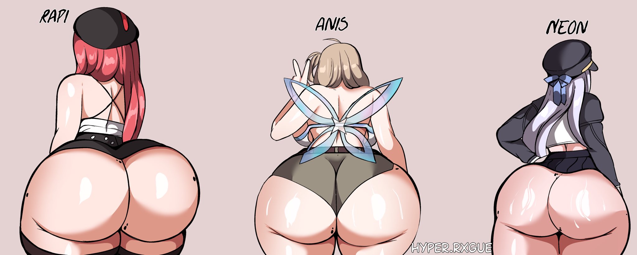 3girls, anis (nikke), anis (star) (nikke), ass, ass chart, ass comparison, ass focus, big ass, big breasts, bottom heavy, breasts, bubble butt, busty, chart, fat ass, female, female only, gluteal fold, goddess of victory: nikke, huge ass, hyperrxgue, large ass, large breasts, massive ass, neon (nikke), neon (vision eye) (nikke), rapi (nikke), rapi (red hood) (nikke), rear view, take your pick, text, thick ass, thick thighs, thunder thighs, wide hips