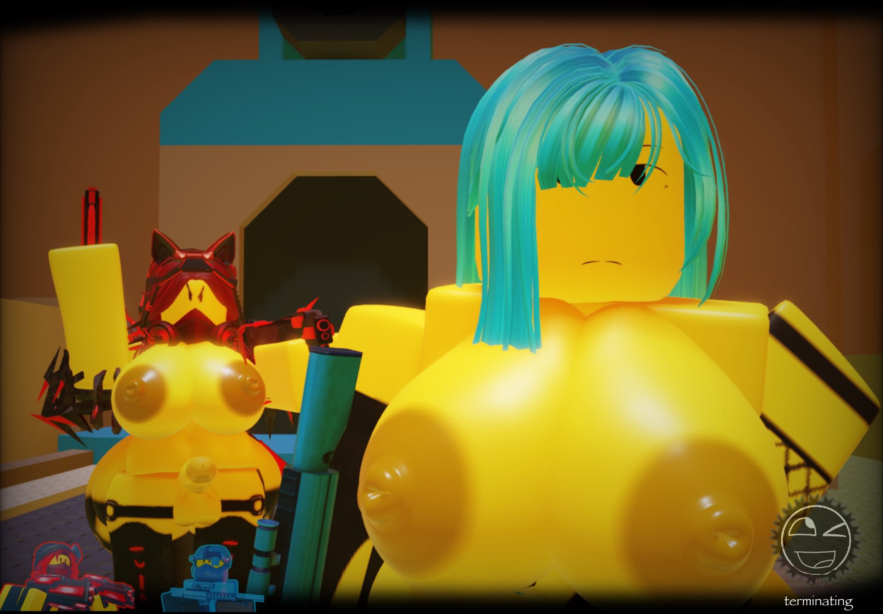 1futa, 1girls, 3d, areolae, balls, breasts, gun, nipples, penis, reference image, roblox, roblox game, robloxian, rule 63, sniper battler (the battle bricks), tagme, tbbfanatic, terminator (the battle bricks), the battle bricks, thighs, tumore