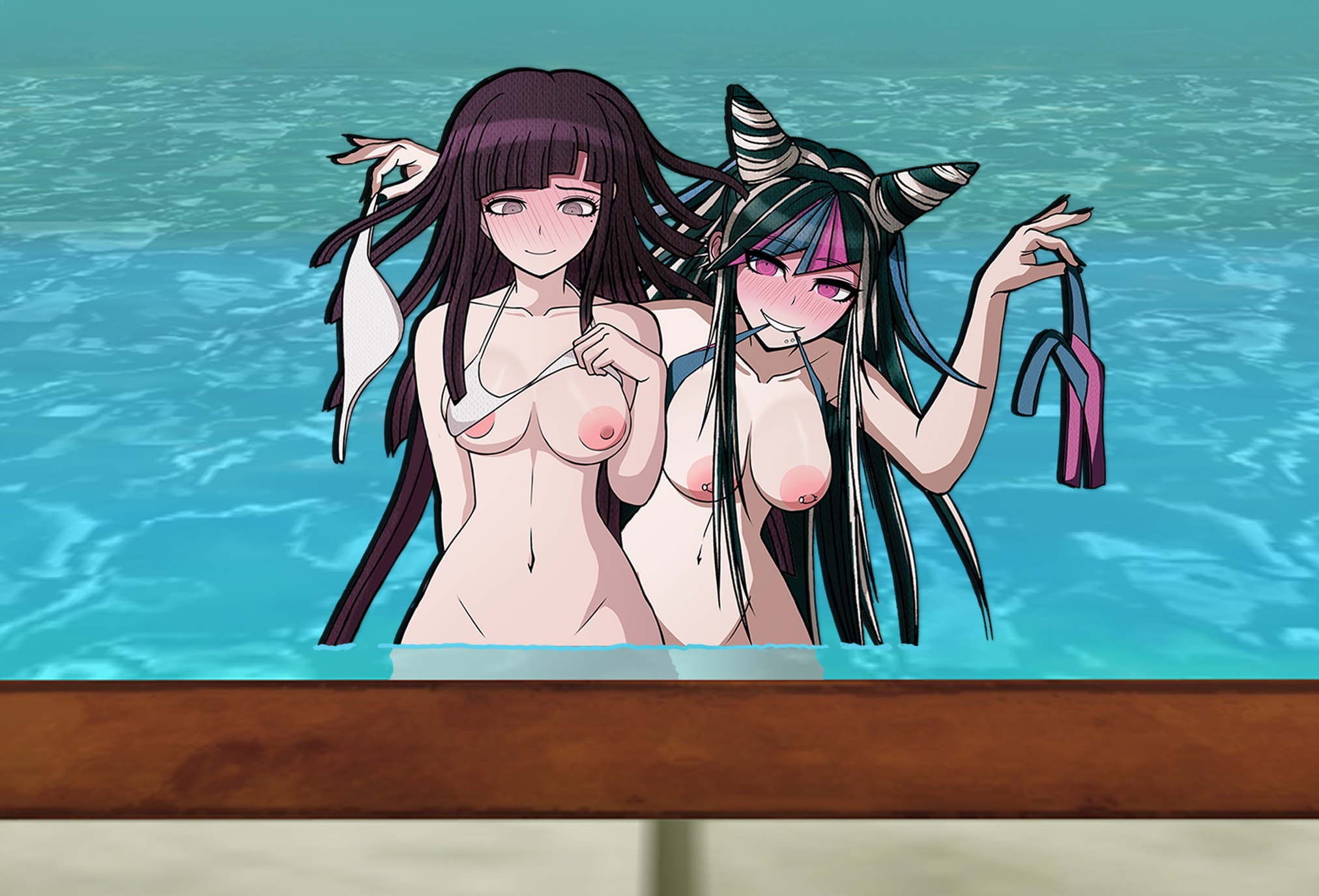 2girls, almost naked, big breasts, bikini, blush, breasts, danganronpa, danganronpa 2: goodbye despair, grin, holding unworn clothes, imminent sex, inviting, light-skinned female, looking at viewer, middinos, midnightdindins, mioda ibuki, multicolored hair, nipple piercing, partially clothed, piercing, pool, removing clothing, smile, tsumiki mikan, undressing, water