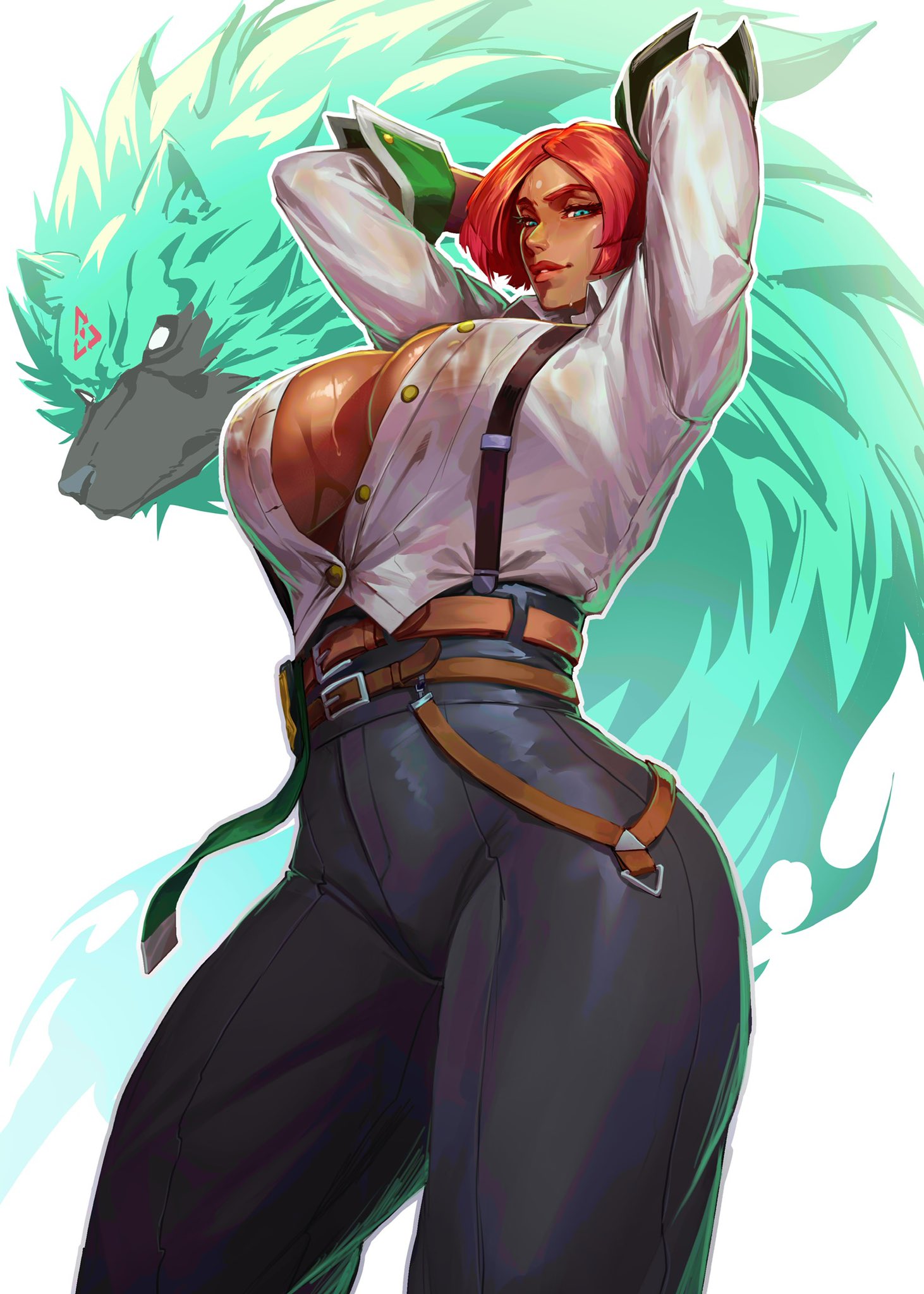 arms up, athletic, athletic female, big boobs, big breasts, blue eyes, boobs, breasts, clothed, giovanna (guilty gear), guilty gear, guilty gear strive, large boobs, large breasts, looking at viewer, nipple bulge, nipples, nipples visible through clothing, red hair, slim waist, solo, solo female, solo focus, sweat, sweating, sweaty, sweaty body, tan skin, thick, thick ass, thick lips, thick thighs, thighs, thin waist, tight clothing, tiny waist, virgoart1509, wet, wet clothes, wide hips, wide thighs