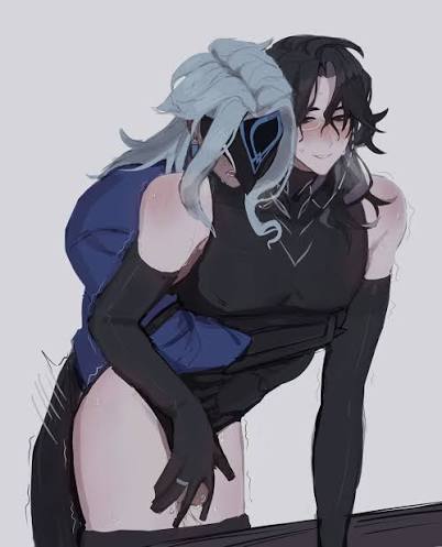 2boys, black hair, blue hair, dottore (genshin impact), gay, genshin impact, male, male only, male/male, mask, pantalone (genshin impact), sex from behind, yaoi
