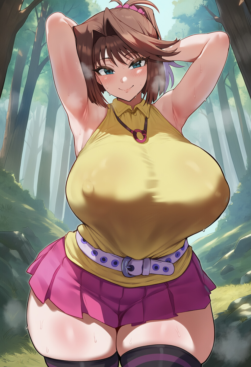 :), ai generated, anzu mazaki, areolae visible through clothing, armpits, arms up, before sex, big breasts, blue eyes, brown hair, clothing, collar, erect nipples, female, female only, fringe, hi res, horny female, legwear, light skin, looking at viewer, phantomtobi, ribbon, short skirt, skirt, standing, sweatdrop, tea gardner, tea gardner (yu-gi-oh! the dark side of dimensions), teenage girl, teenager, thick thighs, uncensored, voluptuous, voluptuous female, yu-gi-oh!, yu-gi-oh! duel monsters, yu-gi-oh! the dark side of dimensions