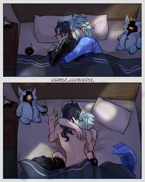 2boys, bedroom, dottore (genshin impact), gay, genshin impact, nude, pantalone (genshin impact), sex, soft sex, yaoi
