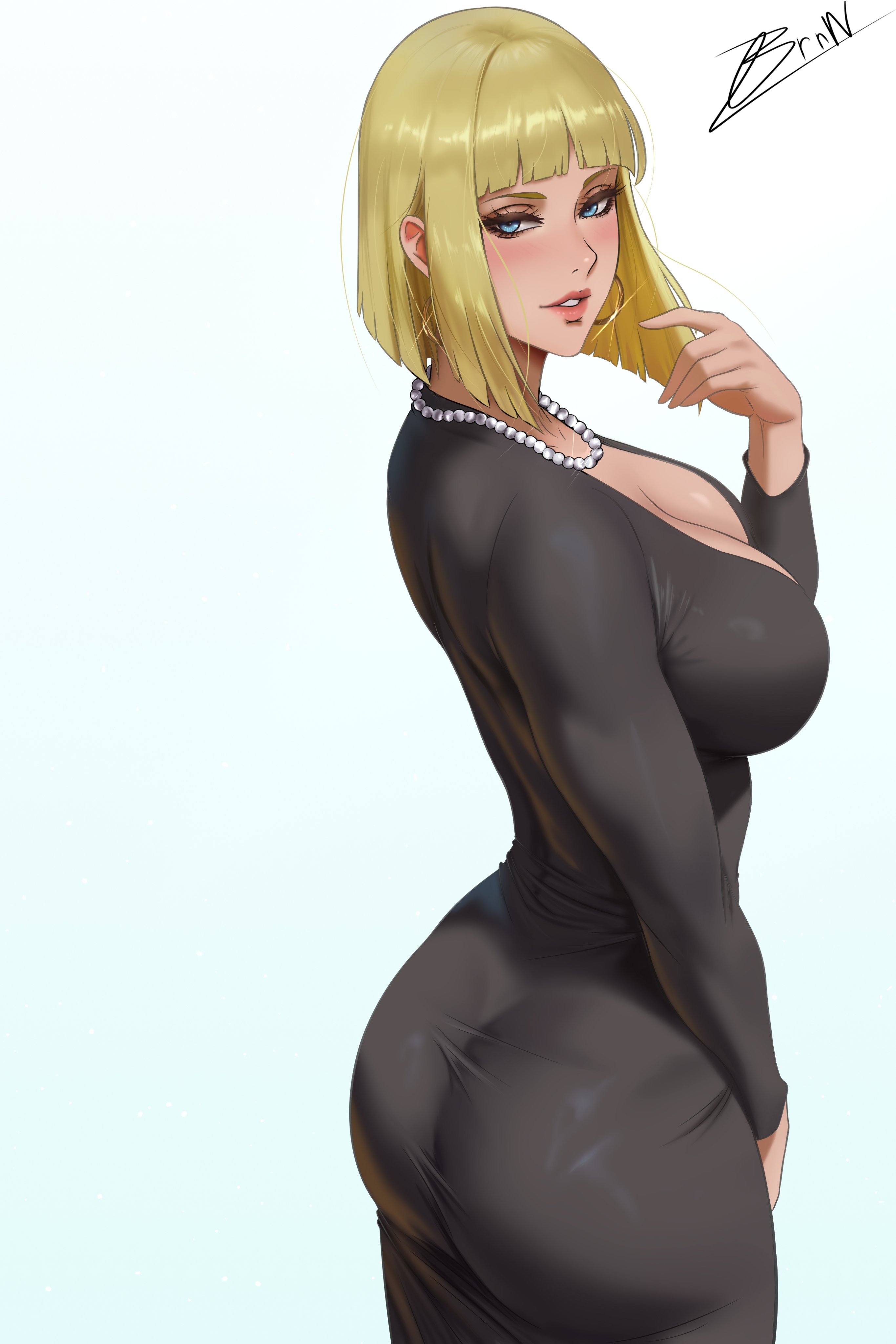 1girls, ass, ass in dress, big ass, big breasts, black dress, blonde hair, blue eyes, breasts, brnn, clothing, dress, ear piercing, earrings, female, female only, hoop earrings, lips, naruto, naruto (series), necklace, neckwear, pearl necklace, samui, short hair, side view, sideboob, solo, solo female, white background