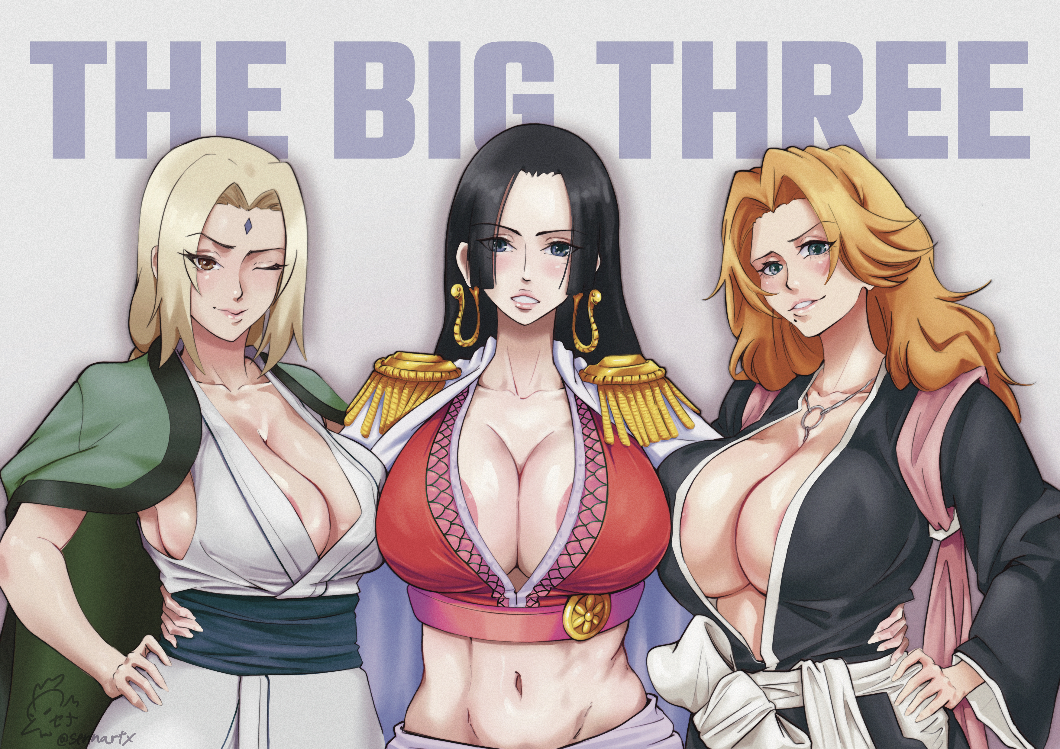 3girls, areola slip, areolae, big breasts, black eyes, black hair, black robe, bleach, blonde hair, boa hancock, breast focus, breasts, brown eyes, cleavage, clothing, crossover, ear piercing, earrings, english, english text, female, female only, forehead jewel, green robe, hair, hand on hip, hand on waist, huge breasts, lips, long hair, matsumoto rangiku, mature, mature female, mature woman, milf, mole, mole under eye, naruto, naruto (series), necklace, neckwear, one eye closed, one piece, orange hair, robe, senna (sennartx), shoulder pads, text, topwear, tsunade, upper body, upper body focus, white robe, wink, winking