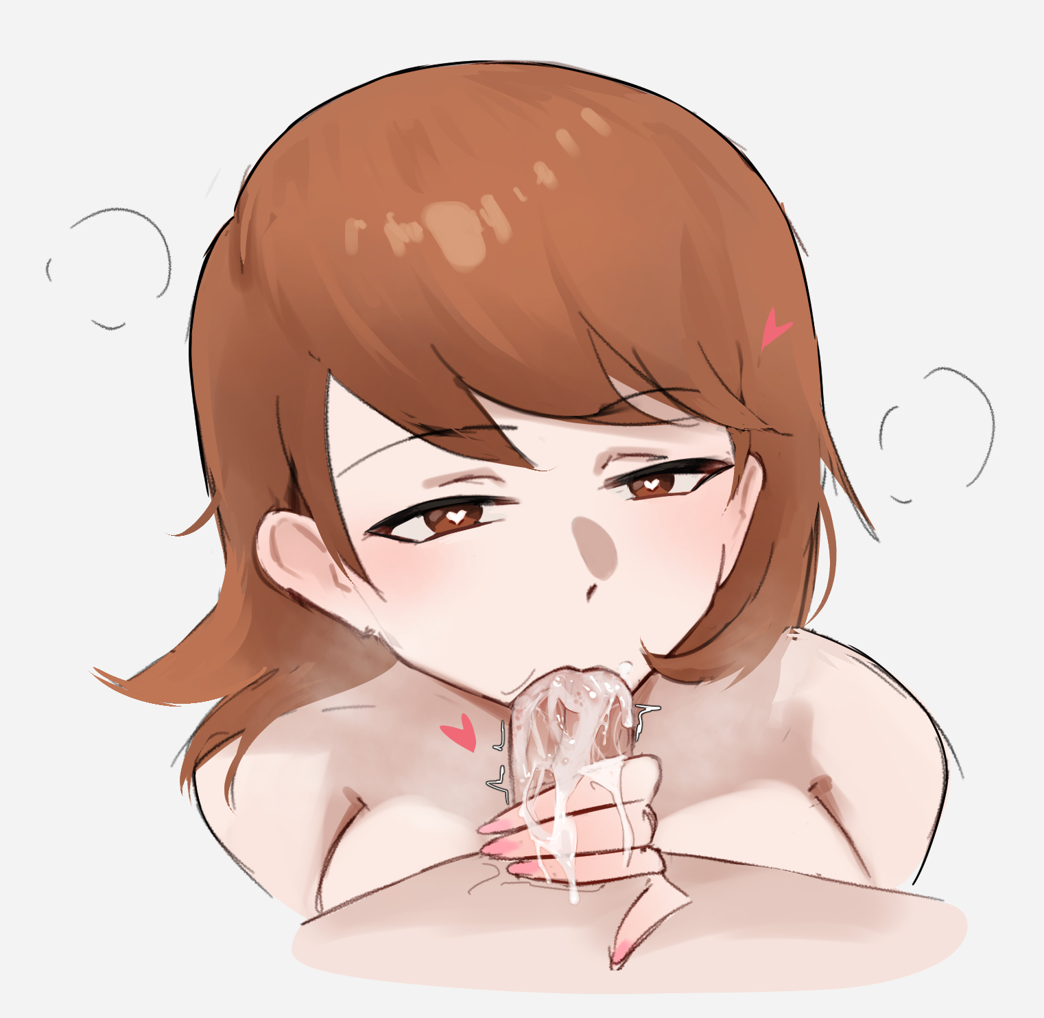 1boy, 1girls, 2d, 2d (artwork), atlus, blowjob, blush, blushing, brown eyes, brown hair, cum, cum drip, cum dripping from mouth, cum in mouth, cum inside, fellation, female, female focus, hand on penis, handjob, handjob while sucking, heart, heart symbol, heart-shaped pupils, light skin, light-skinned female, light-skinned male, male, n7grey, nail polish, oral, oral sex, penis, penis in mouth, persona, persona 3, pink nail polish, pink nails, short hair, simple background, yukari takeba