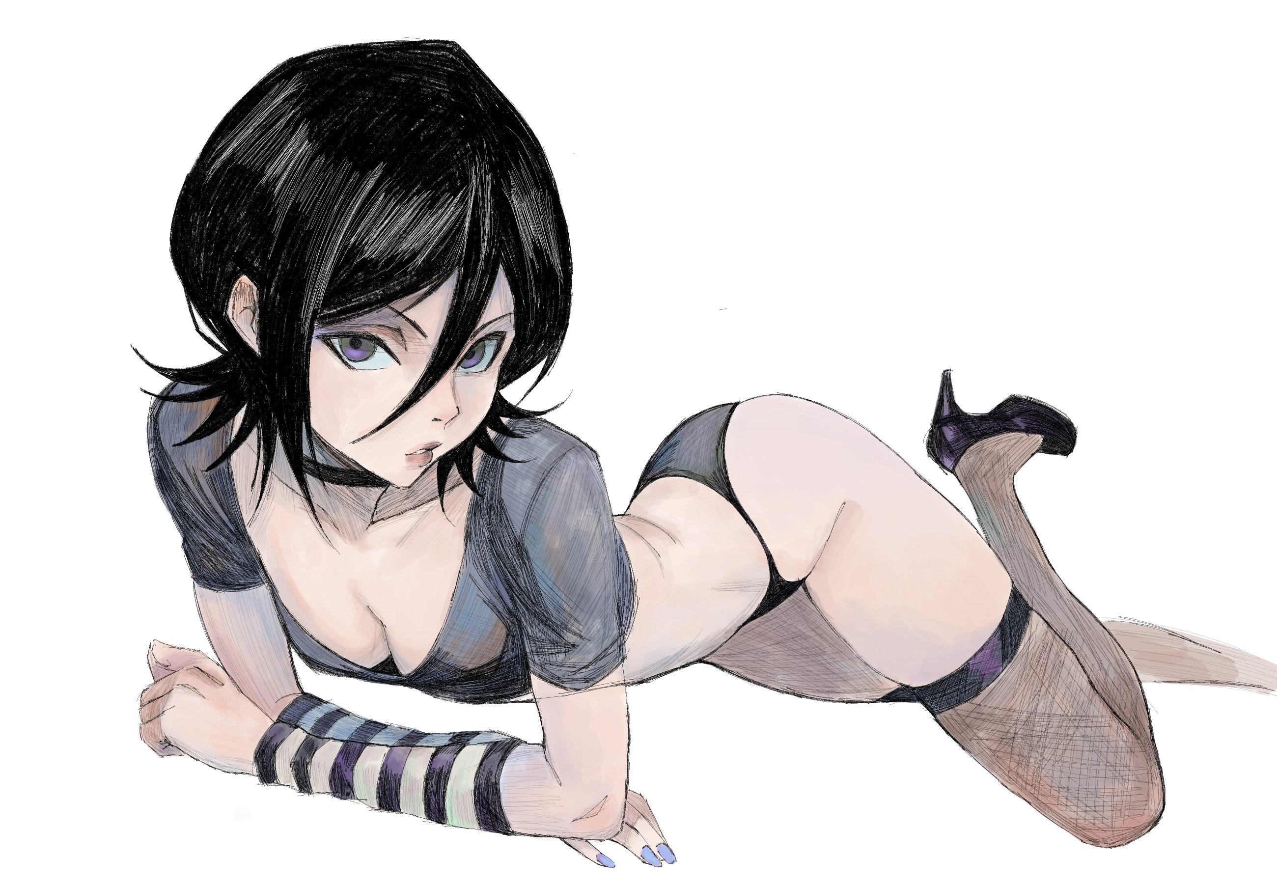 1girls, 2d, ass, black hair, bleach, breasts, cleavage, clothed, clothing, downblouse, female, female only, hex mamaniac, high heels, kuchiki rukia, looking at viewer, panties, small ass, small breasts, solid color background, solo, solo female, striped armwear, striped clothing, white background, white nail polish, white nails
