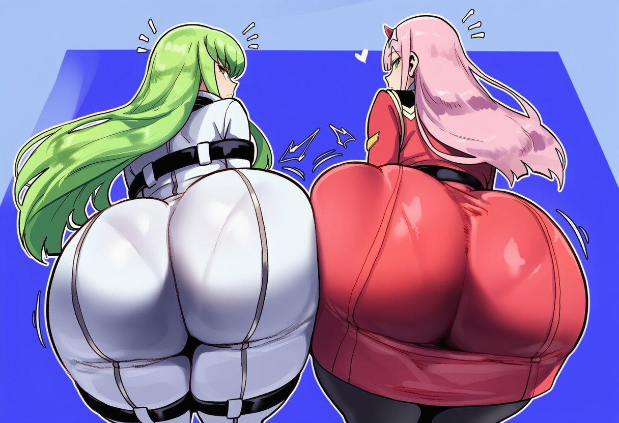2girls, ai generated, ass bigger than head, big butt, c.c., code geass, darling in the franxx, female, female only, female thick thighs, girl, girl only, hnakano88929, tagme, zero two (darling in the franxx)