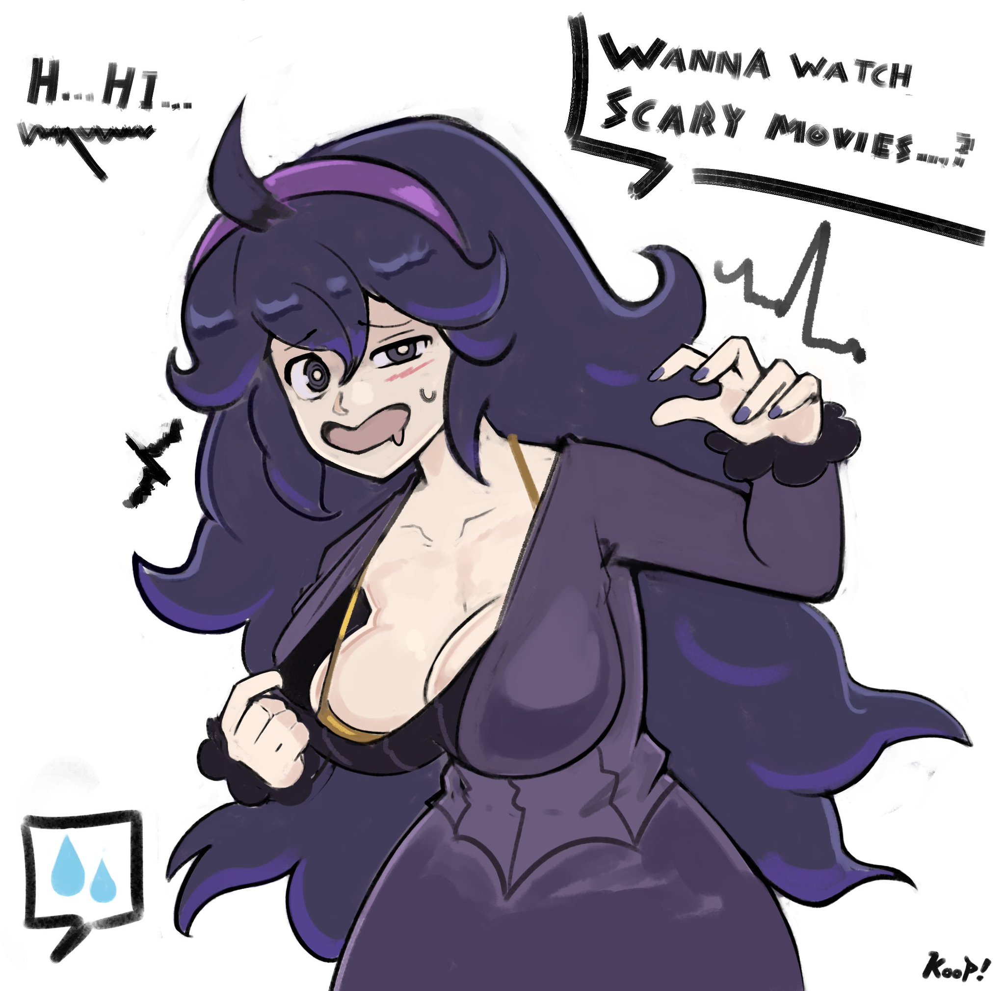 1girls, big breasts, bra, cleavage, clevage, golden bikini, hex maniac, hex maniac (pokemon xy), kooprite, nervous, nintendo, npc trainer, pokemon, pokemon xy, pulling clothing, showing cleavage