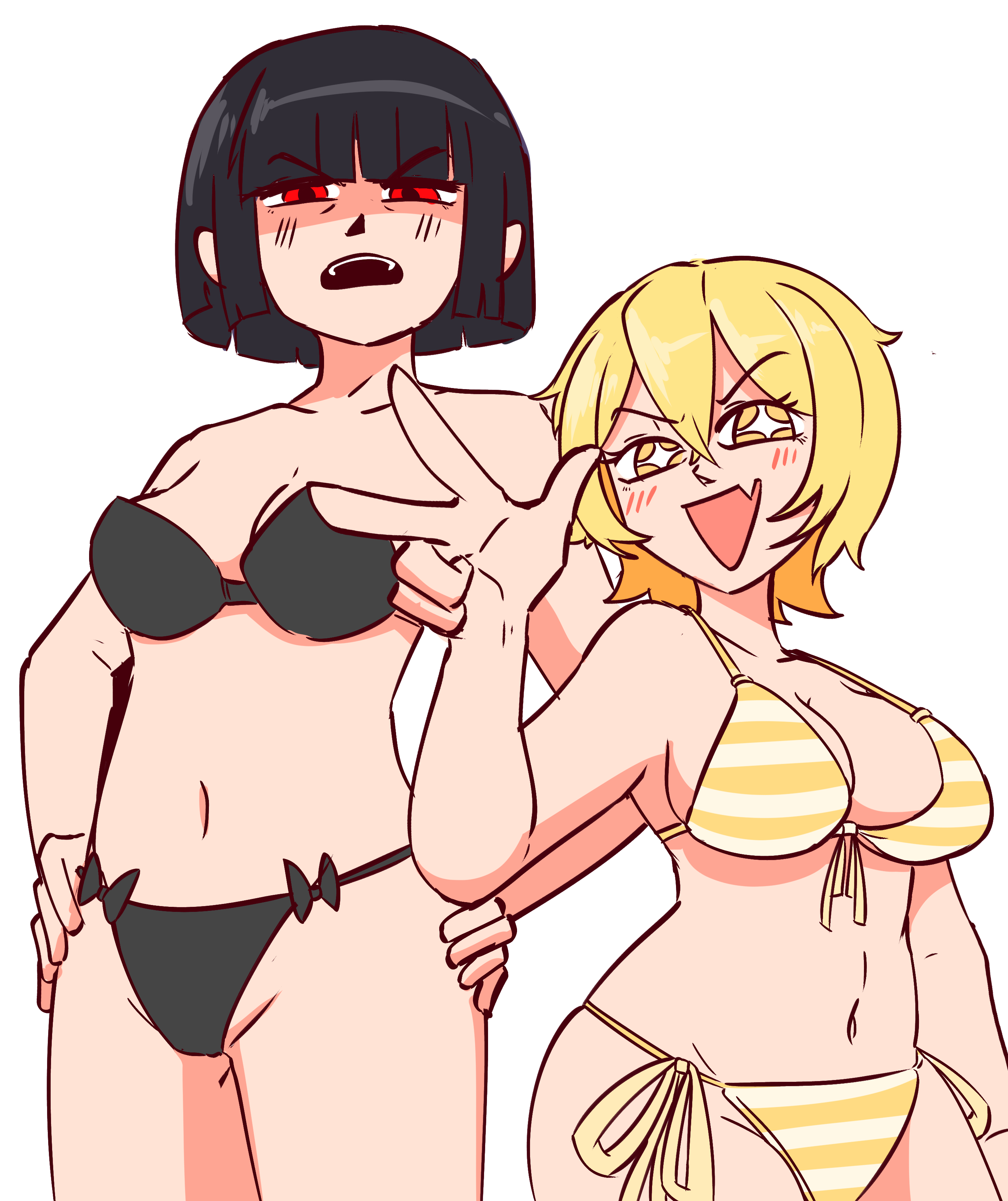 2girls, angry, angry face, bikini, black bikini, black hair, blonde hair, blush, breasts, don quixote (limbus company), large breasts, limbus company, medium breasts, open mouth, project moon, red eyes, revannman, ryoshu (limbus company), short hair, smile, star, star eyes, swimsuit, white background, yellow bikini, yellow eyes
