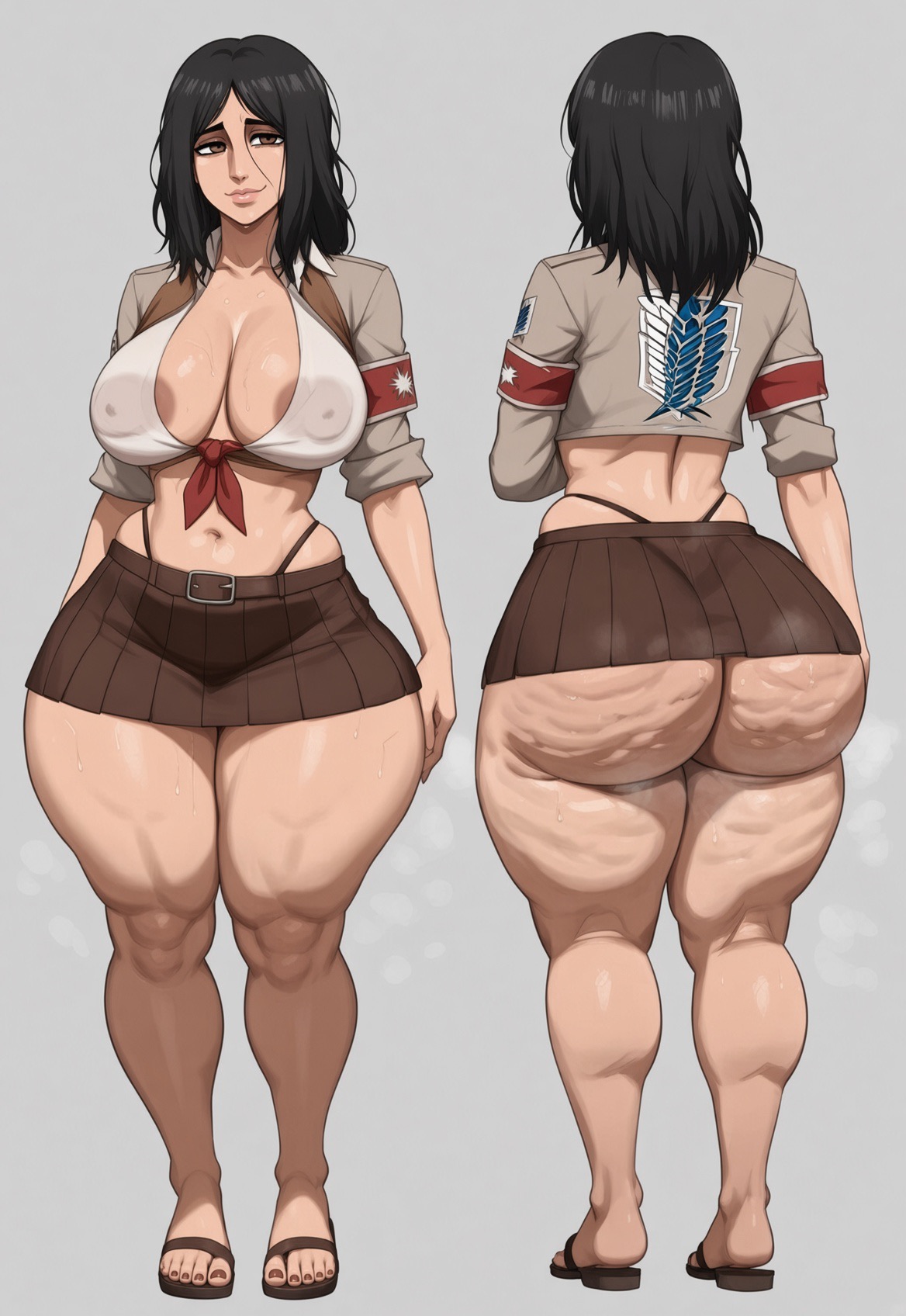 1girl, 1girls, ai generated, areolae, ass, attack on titan, big ass, big breasts, big butt, black hair, boobs, booty, bottom heavy, breasts, breedable, breedable hips, brown eyes, brown toenails, bubble ass, bubble butt, cellulite, child bearing hips, cleavage, crop top, curvaceous, curvy, curvy figure, fat ass, feet, female, female only, flip flops, front and back, hips, musk, musk clouds, oiled, oiled skin, pawg, pawg build, perfect ass, phat ass, pieck finger, sagging breasts, sexy, sexy ass, sexy body, sexy female, shingeki no kyojin, skirt, slim waist, small waist, sweat, taiga20, thicc, thicc ass, thicc thighs, thick, thick ass, thick thighs, voluptuous, voluptuous female, wet, wide ass