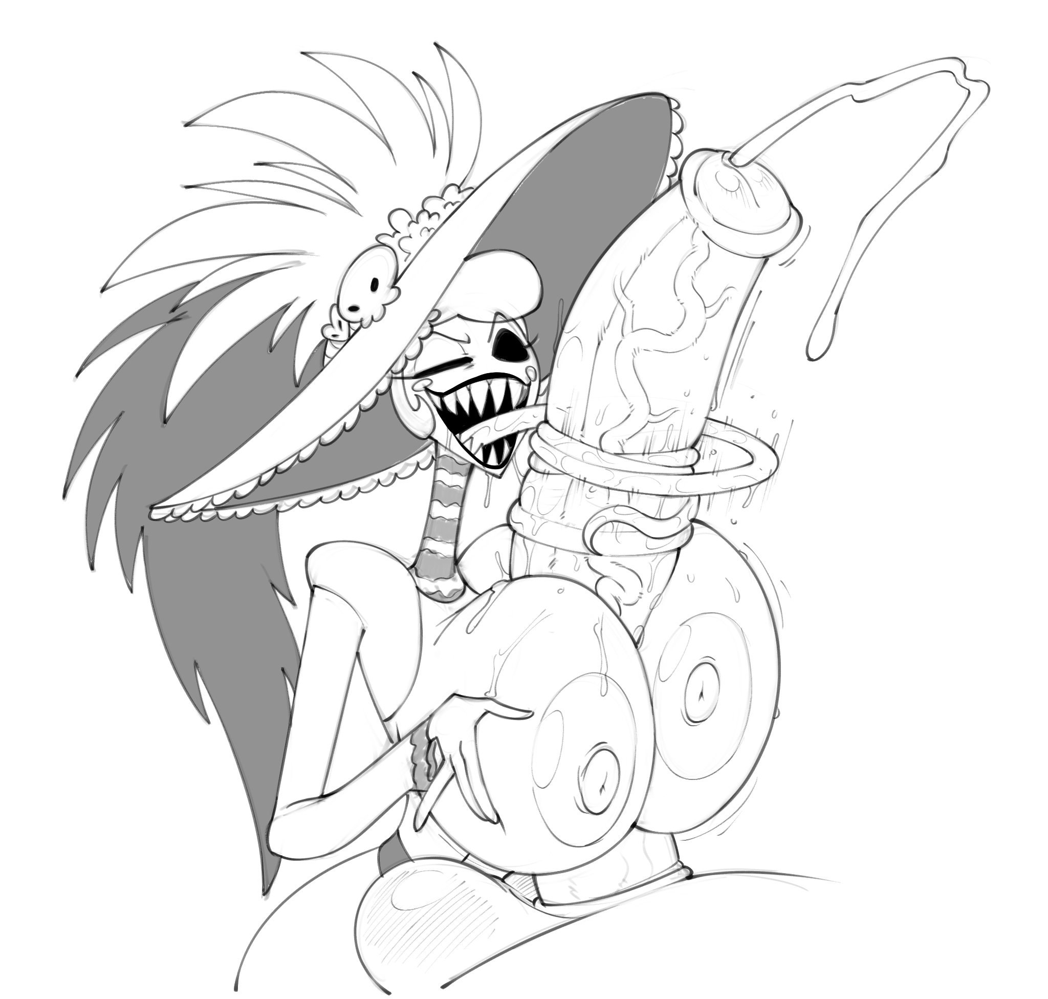 1girls, big penis, blank eyes, daredemon7000, gigantic breasts, hat, hazbin hotel, horse penis, horsecock, huge cock, hyper breasts, long tongue, monochrome, paizuri, rosie (hazbin hotel), sharp teeth, titfuck, titfuck fellatio, very long tongue