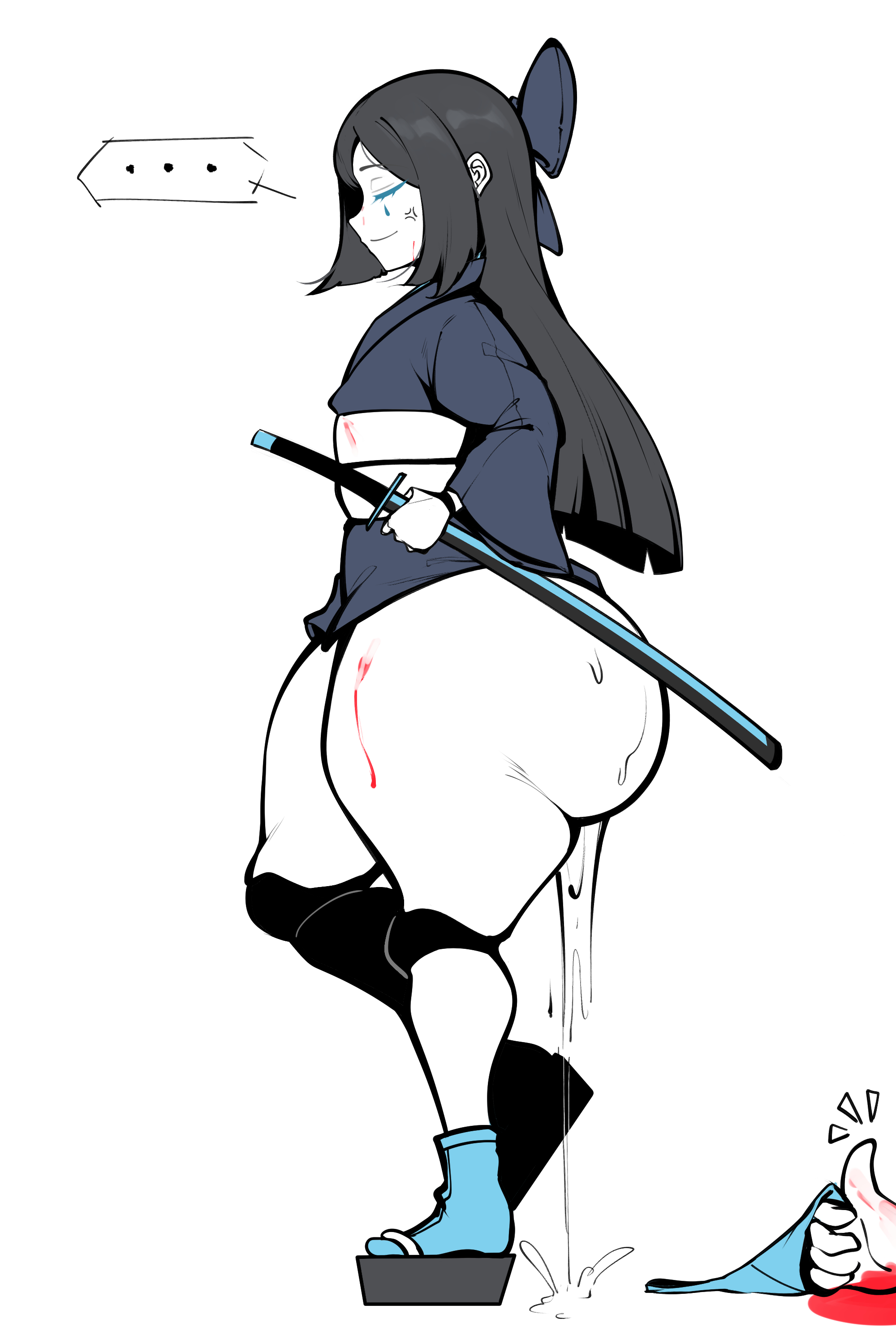..., 1girls, after sex, anger vein, big ass, blood, bowtie, bowtie on head, cum, fat ass, geta, grey hair, katana, kimono, owner (artist), owner1657, panties, ribbon, ribbon in hair, robot, robot girl, robot kimono (chengchezhiice), simple background, sword, tabi, thumbs up