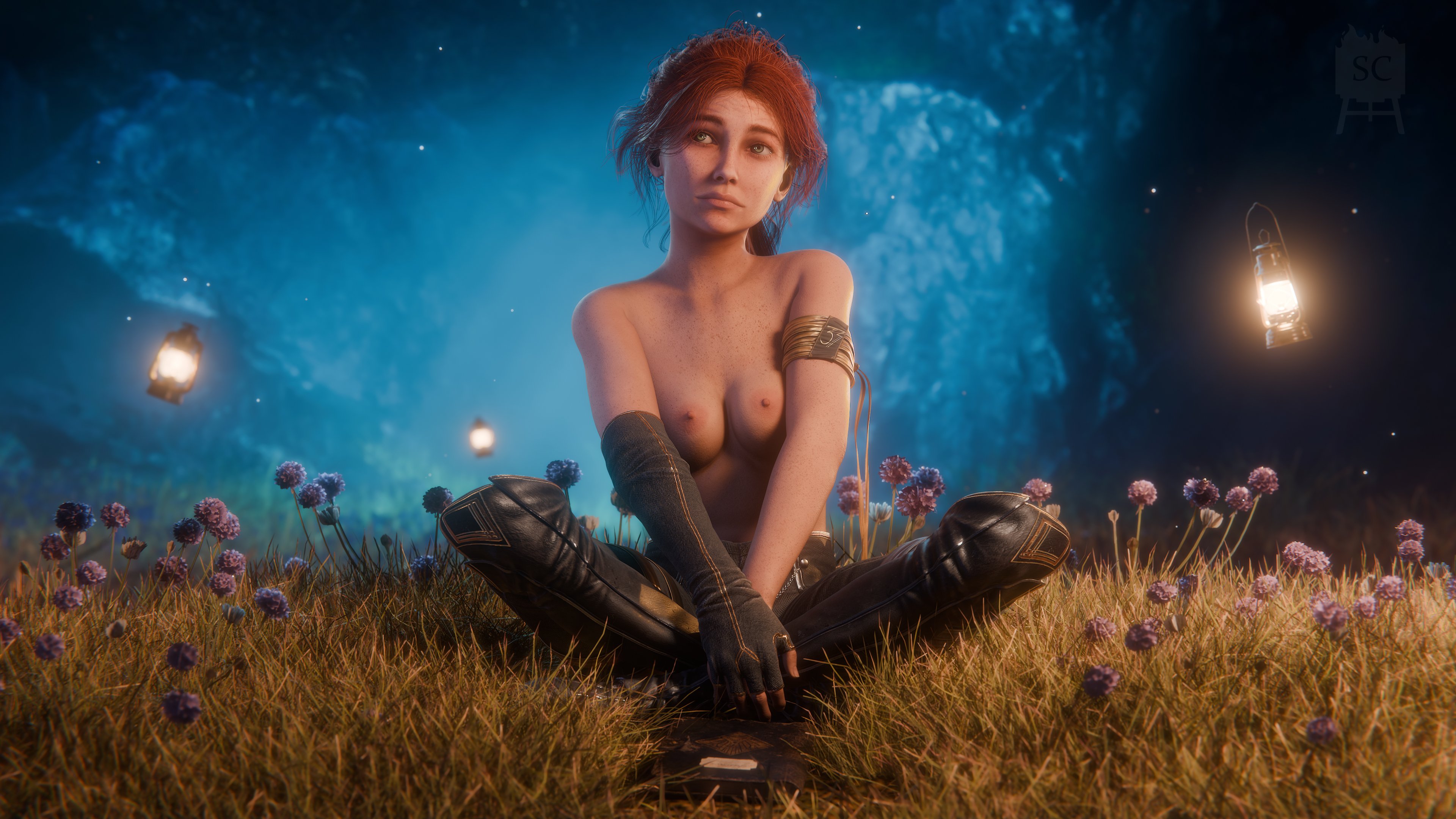 1girls, bare breasts, bare shoulders, blue eyes, breasts, breasts pressed together, clair obscur: expedition 33, elbow gloves, exposed breasts, female, female focus, female only, freckles, french, french girl, full body, knee boots, maelle (clair obscur: expedition 33), nipples, outdoors, petite body, petite female, ponytail, red hair, sandfall interactive, scorchedcanvas, sitting, small breasts, solo, squeezing breast, teenage female, teenage girl, teenager, topless