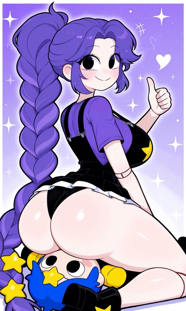 1girls, 2026, 2026s, 2d, 2d (artwork), 2d artwork, ai, ai assisted, ai generated, ai-created, alternate ass size, alternate body type, alternate breast size, animate inanimate, ass, ass focus, back, back view, backboob, big ass, big breasts, big butt, big thighs, black dress, black eyes, black panties, blush, blush lines, blushing, blushing female, boots, braid, braided hair, braided ponytail, braids, butt focus, curvy, curvy female, curvy figure, digital art, digital drawing, digital drawing (artwork), digital media, digital media (artwork), digital painting, digital painting (artwork), doll, doll girl, doll joints, endofromnights2, eyelashes, facesitting, female, female focus, full body, fully clothed, fully clothed female, hair, humanoid, humanoid female, inanimate animate, large ass, large butt, large thighs, lily lovebraids, living toy, long hair, long purple hair, looking back, mascot horror, mob entertainment, mob games, noseless, not furry, overall dress, overall skirt, overalls, panties, ponytail, ponytail (hair), ponytail female, poppy playtime, poppy playtime (chapter 5), purple hair, purple shirt, short skirt, sideboob, sitting, sitting down, sitting on another, sitting on face, sitting on person, skirt, skirt lift, skirt pull, smile, smiling, star, star (symbol), suspenders, thick, thick ass, thick butt, thick hips, thick legs, thick thighs, thumbs up, video games, wedgie, wide hips