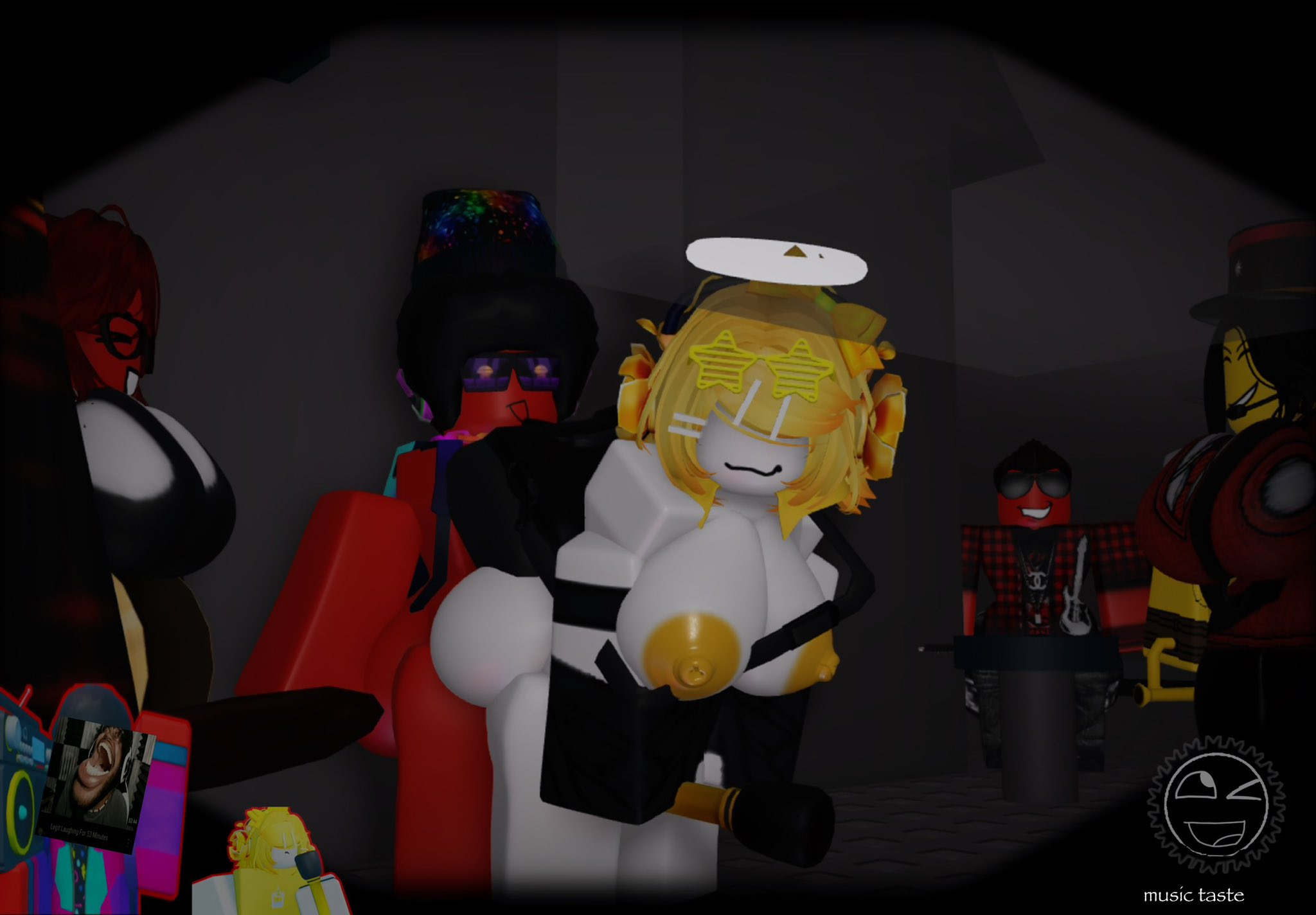 3d, areolae, ass, background characters, bent over, breasts, character request, dj radical (the battle bricks), duo, duo focus, female, firebrand (the battle bricks), guitar trainee (the battle bricks), nipples, nude, public nudity, public sex, reference image, roblox, roblox game, robloxian, standing, standing sex, tagme, tbbfanatic, the battle bricks, thighs, tumore, vocalist (the battle bricks)