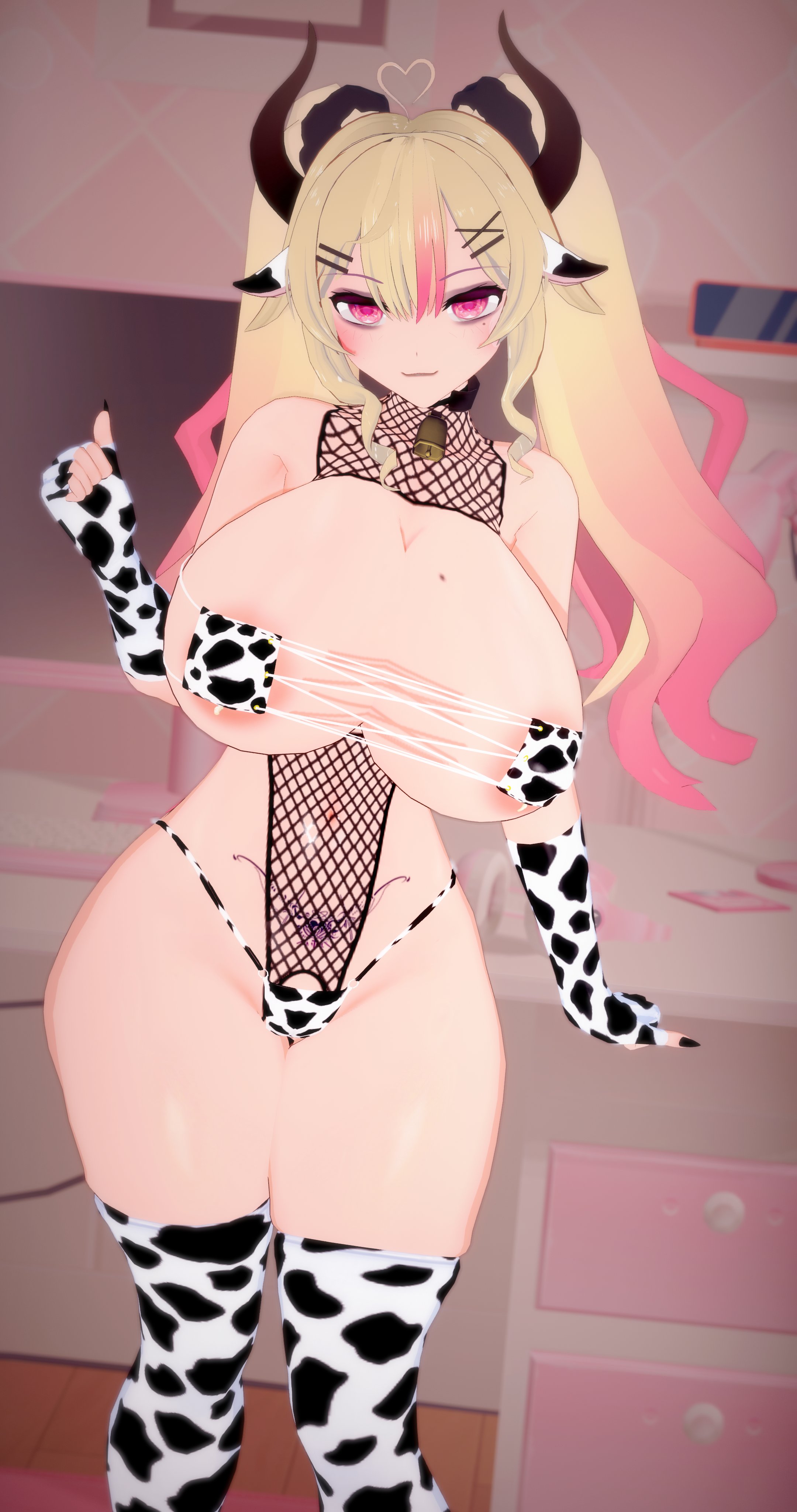 1girls, 2026, 3d, ahoge, areola slip, areolae, ass, big areola, big ass, bikini, black nails, blonde hair, body markings, breasts, breasts bigger than head, child bearing hips, collar, cow bell, cow bell collar, cow ears, cow girl, cow horns, cow print, cow print bikini, cow print gloves, cow print thighhighs, deluxe rosie, erect nipples, female, female only, fingerless gloves, fishnets, heart ahoge, hips, horns, hourglass figure, huge breasts, indie virtual youtuber, indoors, light skin, light-skinned female, long hair, looking at viewer, mole, mole on breast, mole under eye, multicolored hair, nipple bulge, pink eyes, pink hair, pubic tattoo, smile, solo, solo female, standing, suko (vtuber), tattoo, thick thighs, thighhighs, thighs, thin waist, twintails, virtual youtuber, wide hips