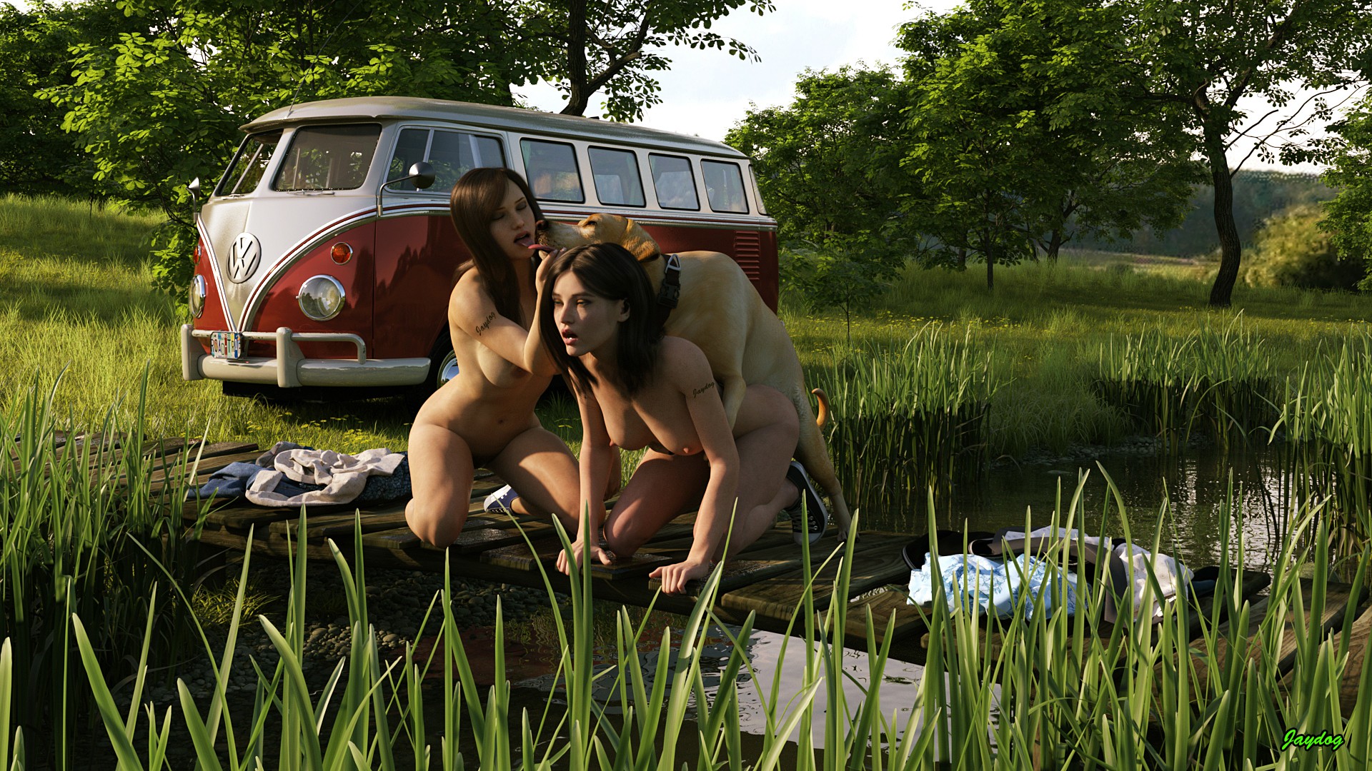 , 2girls, 3d, breasts, brown hair, canine, canine on human, doggy style, domestic dog, dominant feral, female, female on feral, femsub, feral, feral on female, feral on human, hips, human, human female, human on feral, interspecies, jaydog, kissing, labrador, looking pleasured, male, medium breasts, nipples, nude, nude female, outside, thighs, threesome, tongue, tongue kiss, tongue out, volkswagen, zoophilia