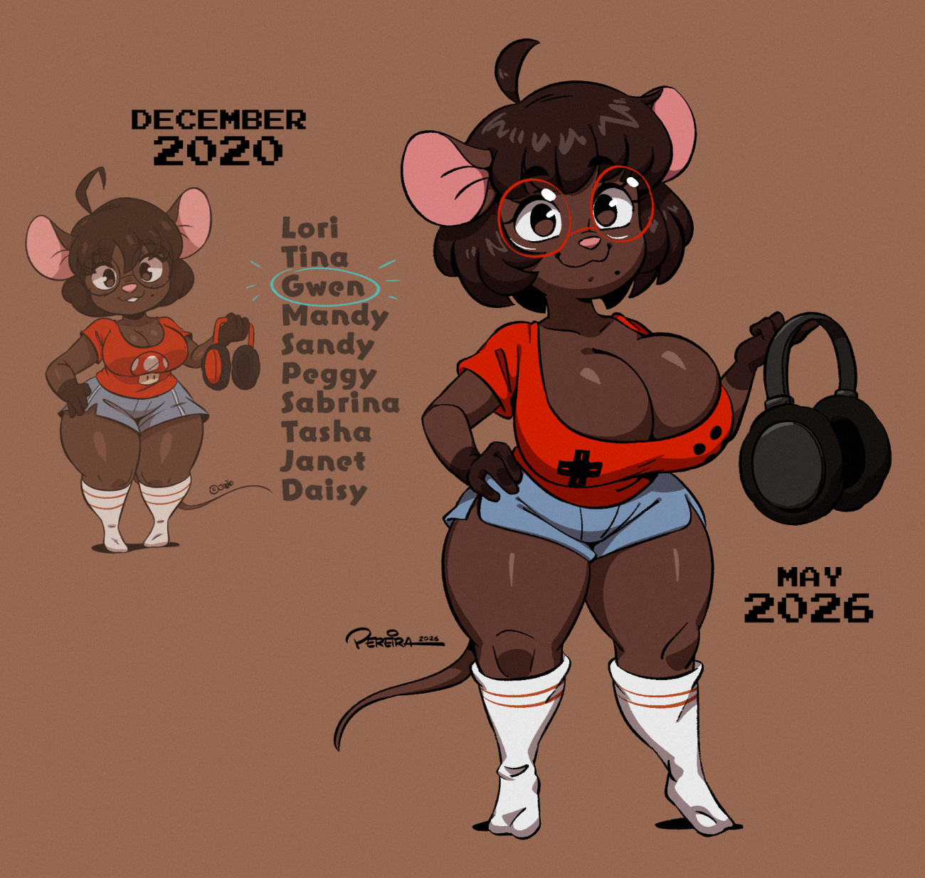 2026, 4 fingers, anthro, beauty mark, big breasts, bottomwear, breasts, brown body, brown eyes, brown fur, brown hair, buckteeth, cleavage, clothed, clothing, dark body, dark fur, digital media (artwork), english text, eyewear, female, female only, fingers, footwear, fungus, fur, glasses, gwen geek, gwen martin, hair, hair tip, headphones, hi res, joaoppereiraus, looking at viewer, mammal, mario (series), mouse, murid, murine, nerd, nintendo, pink nose, rodent, shirt, short hair, shorts, shortstack, signature, simple background, smile, socks, solo, solo female, super mushroom, teeth, text, thick thighs, topwear, video games