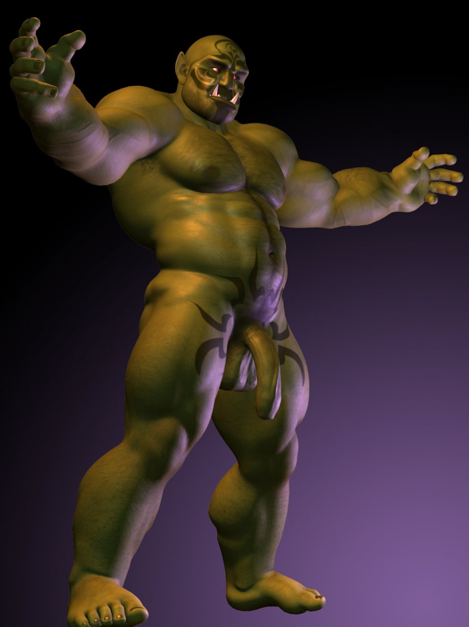 3d abs balls bartol big_penis green_skin hairy male male_only muscles orc orc_male pecs penis solo solo_male tattoo uncut