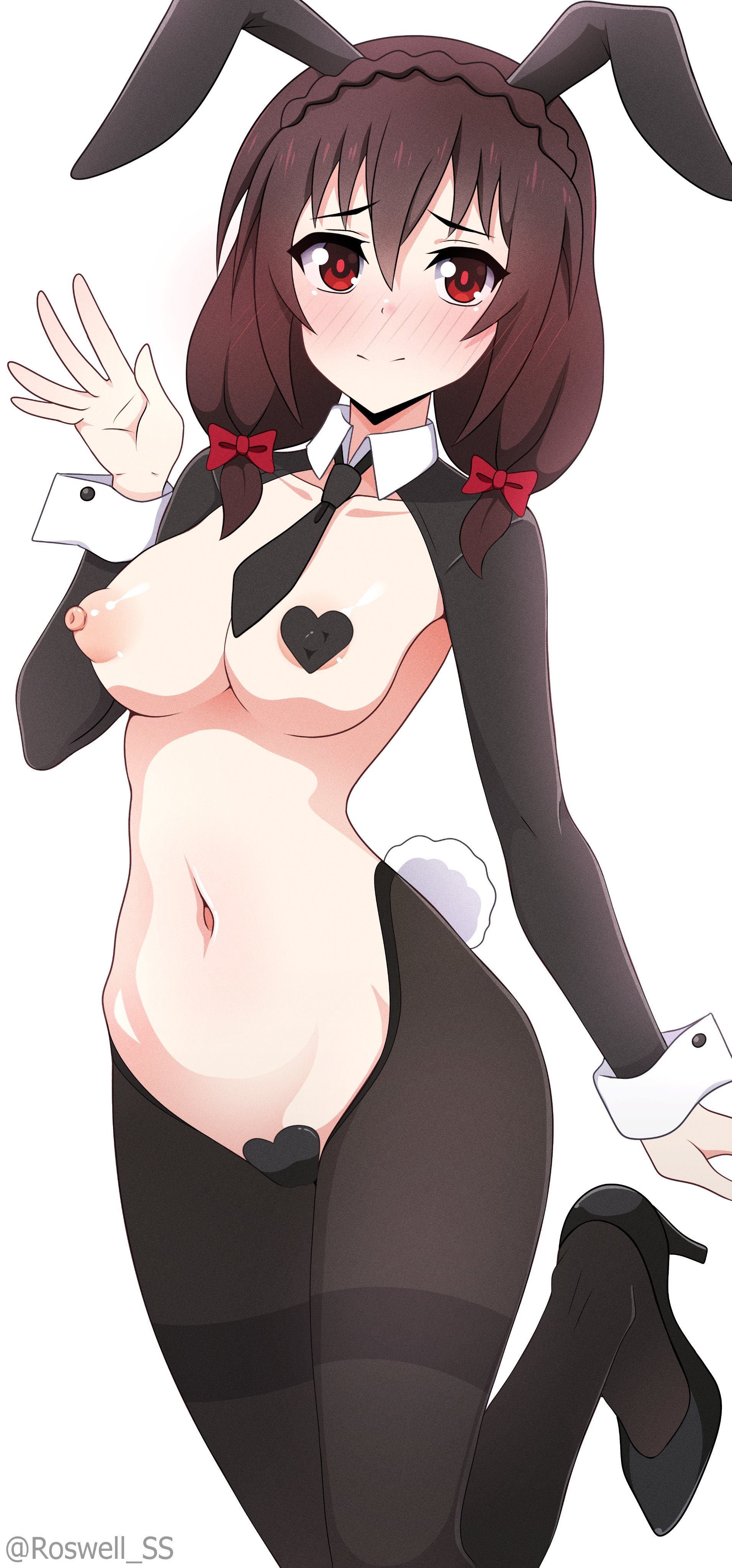 1girls, 2025, absurd res, areolae, bent leg, blush, breasts, brown hair, bunny ears, bunny tail, cuffs (clothing), female, female only, hair ribbon, heart pasties, heavy blush, heels, kono subarashii sekai ni shukufuku wo!, looking at viewer, necktie, nipple pasties, nipples, one breast out, pantyhose, pasties, pussy pasty, red eyes, reverse bunnysuit, roswell-ss, smiling, smiling at viewer, solo, standing on one leg, white background, wrist cuffs, yunyun (konosuba)