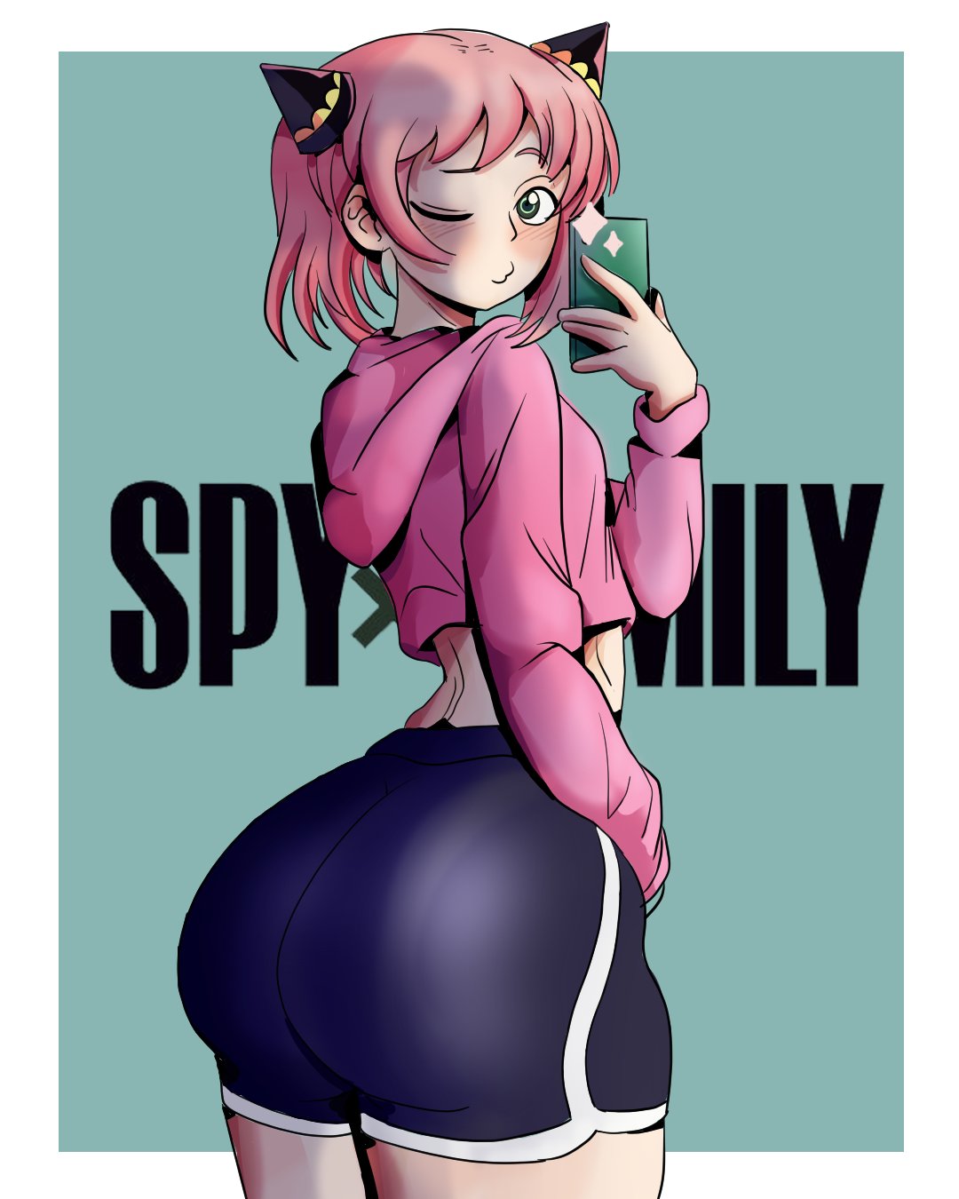 1girls, aged up, anya forger, ass, big ass, dolphin shorts, egirl, female, female only, incubuzz, pink hair, selfie, shorts, smartphone, solo, spy x family