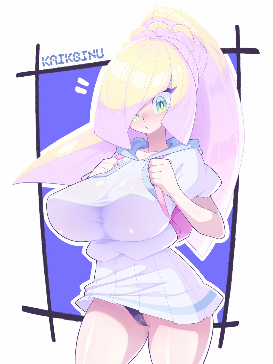1girls, backpack, big breasts, black panties, bottomwear, breasts, cosplay, female, female only, game freak, green eyes, hair, hair over one eye, huge breasts, kaikoinu, lillie (pokemon) (cosplay), lusamine (pokemon), mature, mature female, mature woman, milf, mother, panties, pokemon, pokemon sm, ponytail, shirt, skirt, solo, solo female, thighs, tied hair, topwear, underwear, white shirt, white skirt