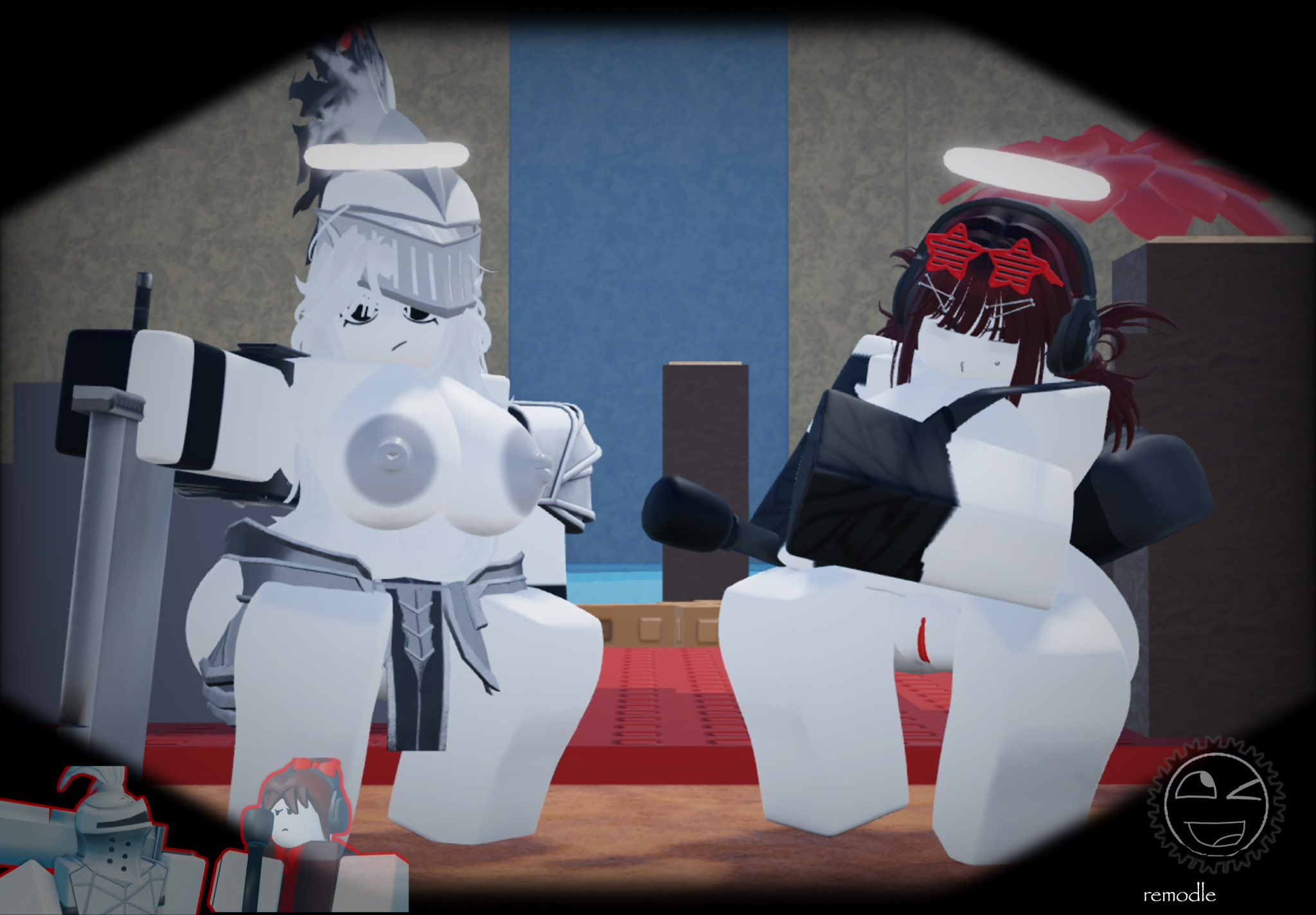 2girls, 3d, areolae, ass, breasts, knight (the battle bricks), mostly nude, nipples, nude, pussy, reference image, roblox, roblox game, robloxian, rule 63, singer (the battle bricks), tagme, tbbfanatic, the battle bricks, thighs, tumore
