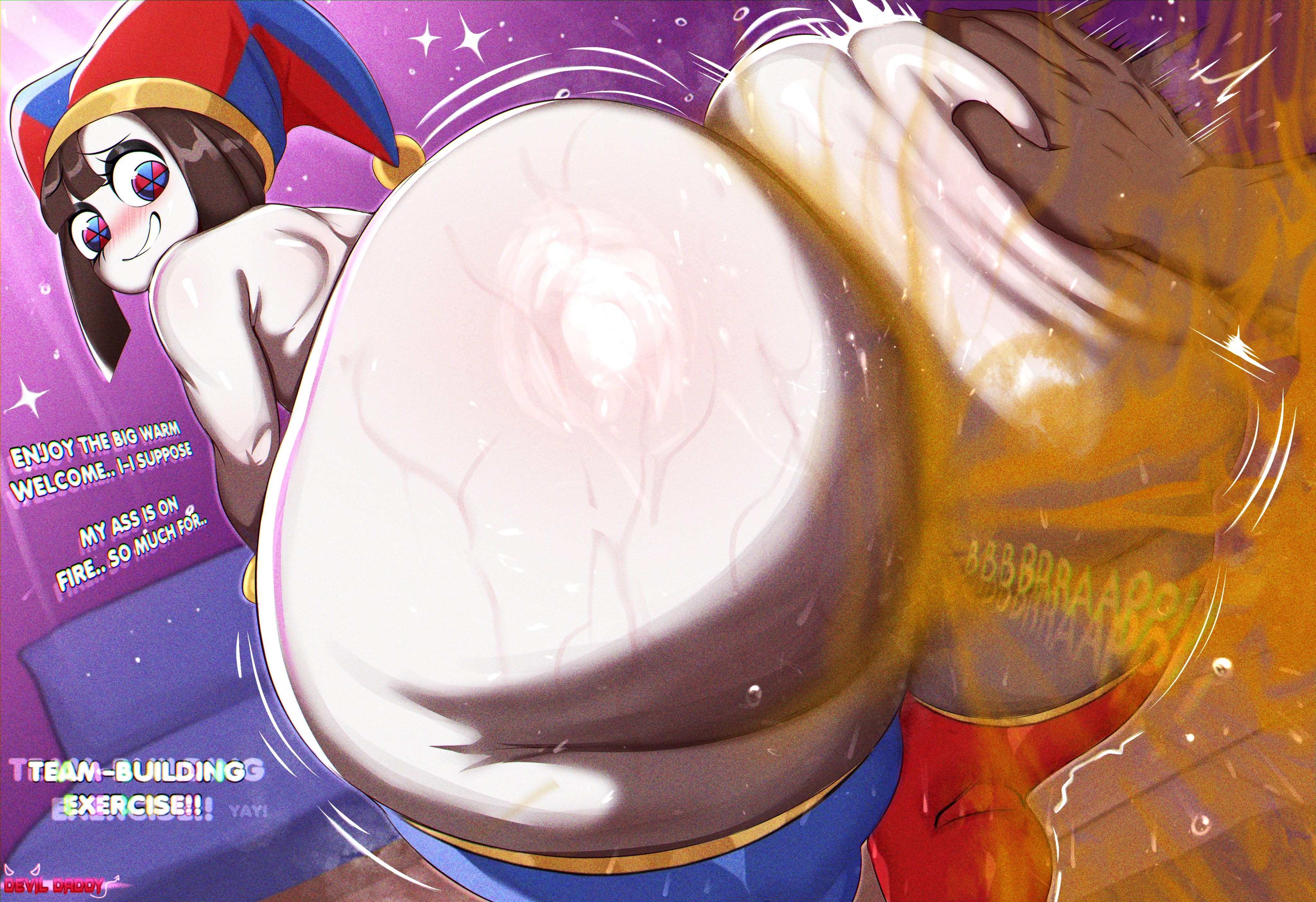 1boy, 1girls, 2026, absurd res, absurdres, ass, ass bigger than head, ass focus, back view, bare shoulders, big ass, big butt, big thighs, blue eyes, blush, blushing, bouncing balls, brown hair, bubble ass, bubble butt, butt, butt focus, curvaceous, curvy, curvy female, curvy figure, dark skin, dark-skinned male, devil xtreme, dialogue, disembodied hand, english, english dialogue, english text, fart, fart fetish, farting, farting female, female, female focus, gas, gigantic ass, gigantic butt, hi res, highres, huge ass, huge butt, huge thighs, interracial, jester, jester cap, jester girl, jester hat, jiggle, jiggling ass, large ass, large butt, large thighs, leggings, legwear, light skin, light-skinned female, looking at viewer, looking back, male, male/male, motion lines, multicolored eyes, naked, naked female, nude, nude female, nudity, offscreen character, offscreen male, pale skin, pale-skinned female, pomni (the amazing digital circus), rear view, red eyes, round ass, round butt, slap, slapping, slapping ass, slapping butt, smacking ass, spanked, spanked butt, spanking, spanking ass, steam, steaming body, stockings, straight, sweat, sweating, sweaty, sweaty ass, sweaty body, sweaty butt, text, the amazing digital circus, thick, thick ass, thick hips, thick legs, thick thighs, thigh highs, thighhighs, thighs, thighs bigger than head, two-tone eyes, voluptuous, voluptuous female, white body, white skin