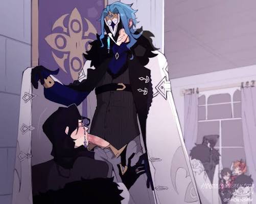 2boys, blowjob, coat open, dottore (genshin impact), gay, genshin impact, hide, male, male only, pantalone (genshin impact), sex in public, yaoi