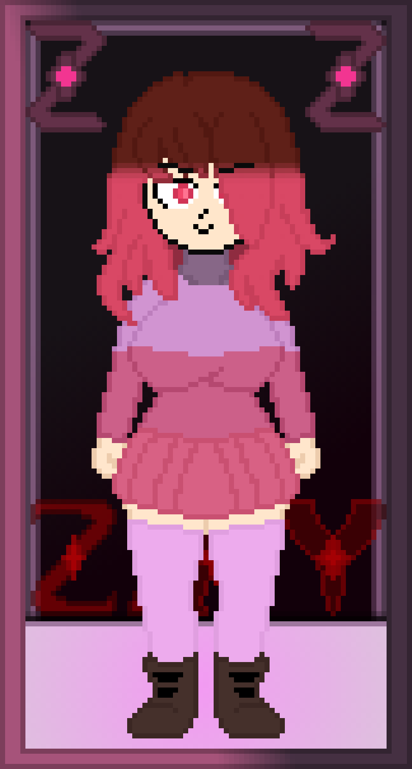 bete_noire betty_noire big_breasts boots breasts brown_hair glitchtale hair_covering_one_eye long_socks pink_eyes pink_hair pink_sweater purple_sweater red_skirt skirt wearing_clothes zixy