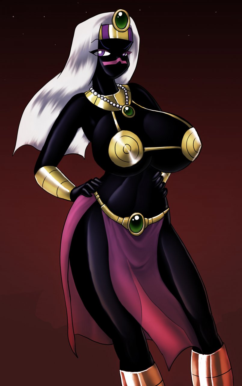 1girls, alien, armpits, belt, black skin, bra, breasts, cleavage, duck dodgers, eyeshadow, female, hand on hip, hand on waist, headband, huge breasts, jewelry, large breasts, loincloth, looking at viewer, makeup, martian, martian (duck dodgers), necklace, no mouth, pose, purple eyes, queen tyr'ahnee, red background, sideboob, solo, thighs, underboob, white hair