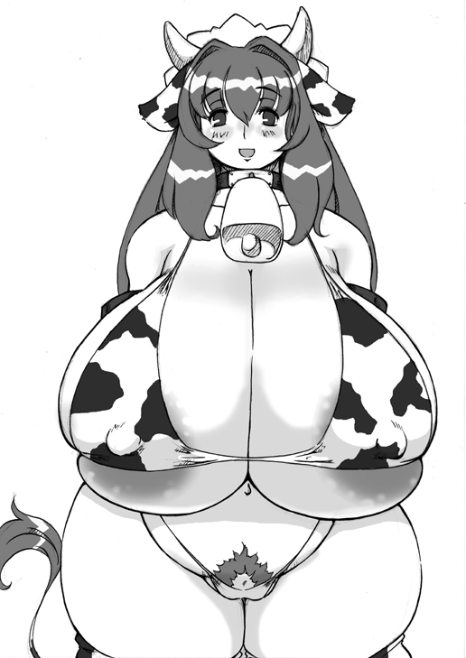 animal_ear areola_slip areolae bell big_breasts bikini black_and_white bovine breasts cameltoe chubby collar cow_ear cow_girl cow_print cow_tail erect_nipples female gigantic_breasts highleg horns huge_breasts long_hair monochrome navel nipples open_mouth overweight plain_background plump pubes pubic_hair pussy_peek simple_background skimpy skimpy_bikini smile solo standing tail tatara thick_thighs thighs thong venus_body white_background wide_hips