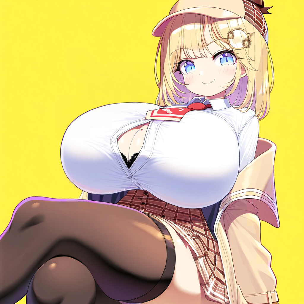 ai_generated ameanon big_breasts black_bra blonde_hair blue_eyes bra breasts center_opening crossed_legs hololive hololive_english hololive_myth huge_breasts large_breasts mole_on_breast paizuri_invitation sitting skindentation thick_thighs thighhighs watson_amelia