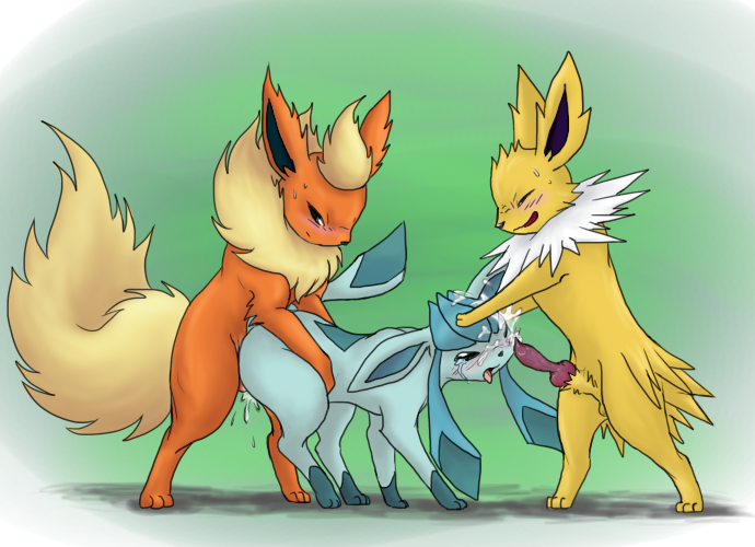 balls cum cum_on_face doggy_style eeveelution female feral feral_only flareon from_behind furreon furry glaceon jolteon male nintendo pokemon pokemon_(species) rape tear threesome