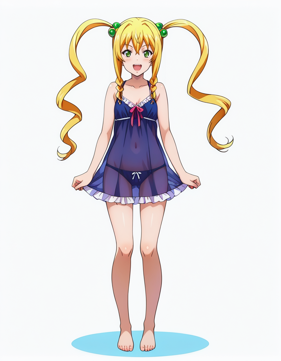 :d ai_generated babydoll bangs bare_legs bare_shoulders barefoot black_panties blonde_hair blush bow bow_panties braid breasts clavicle cleavage clothing covered_navel dress feet female full_body green_eyes hair_between_eyes hair_bobbles hair_ornament himegami_kodama himegami_kodamam legs lingerie lolita_fashion long_hair looking_at_viewer maken-ki! maken-ki!_(series) maken-ki!_two navel negligee nightgown open-mouth_smile open_mouth pantsu ribbon see-through simple_background sleepwear small_breasts smile solo standing teen teen_girl teenage teenage_girl teenager tied_hair toes twintails underwear white_background